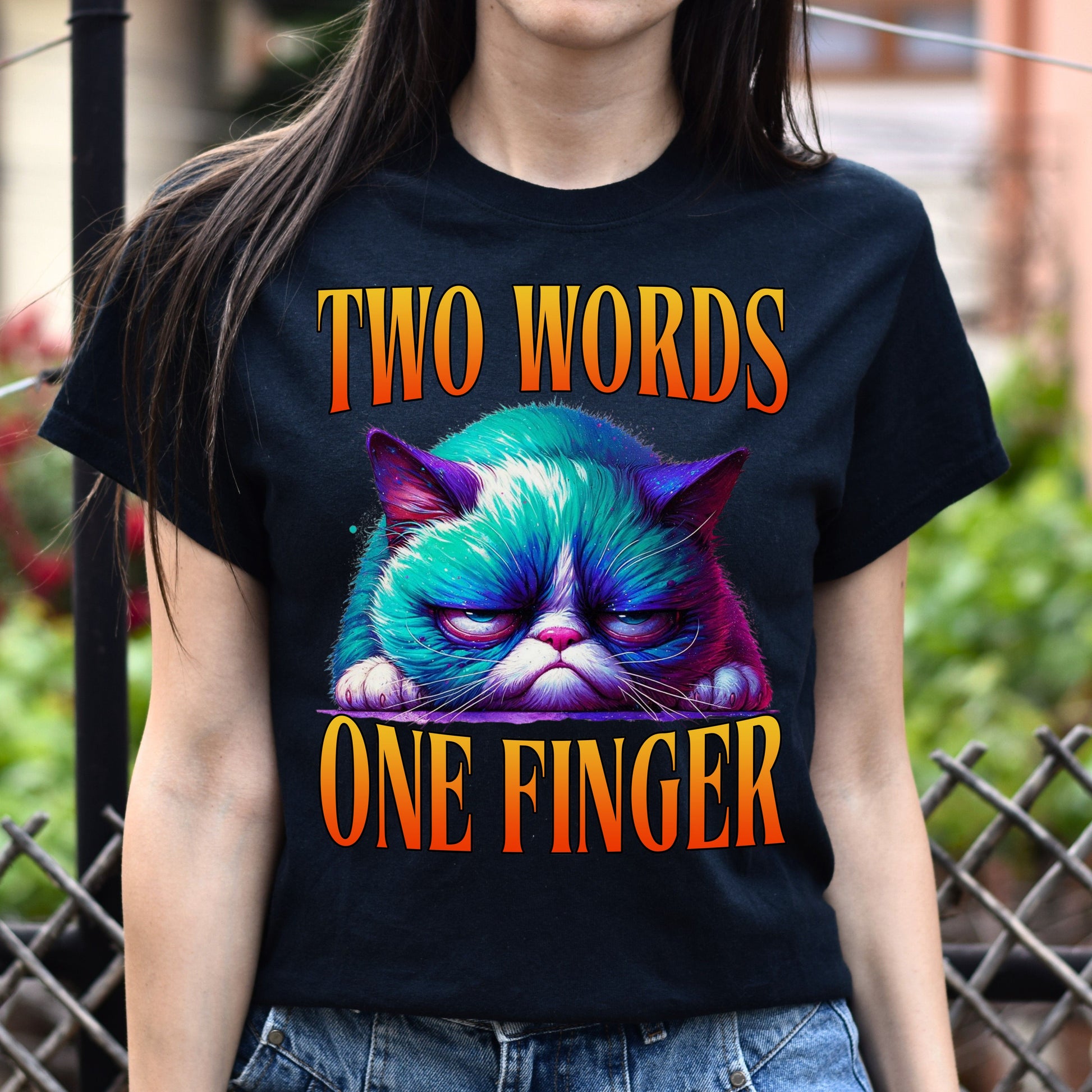 Two words one finger T-Shirt Grumpy cat Funny sarcastic Birthday gift Unisex tee Black Navy Dark Heather-Black-Family-Gift-Planet