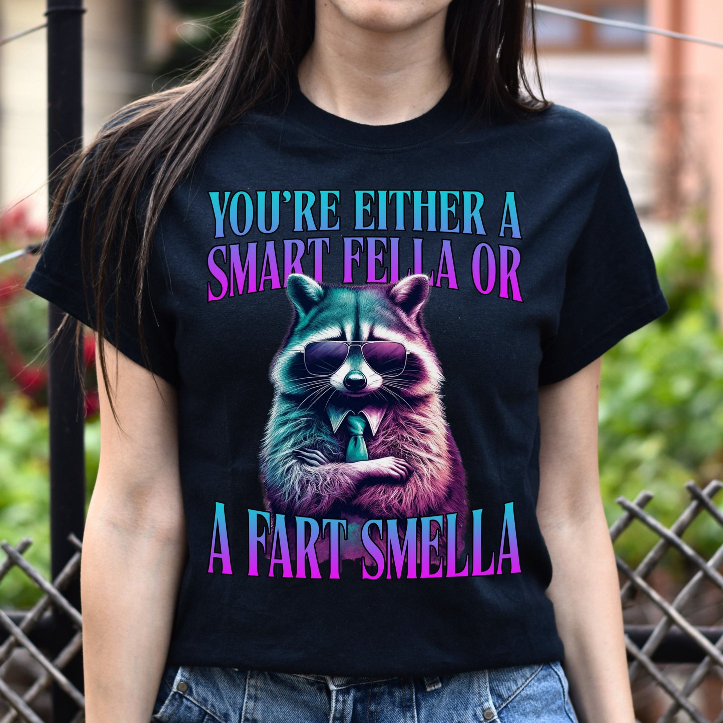 Racoon meme T-Shirt Smart fella or a fart smella humorous gift Unisex tee Black Navy Dark Heather-Black-Family-Gift-Planet