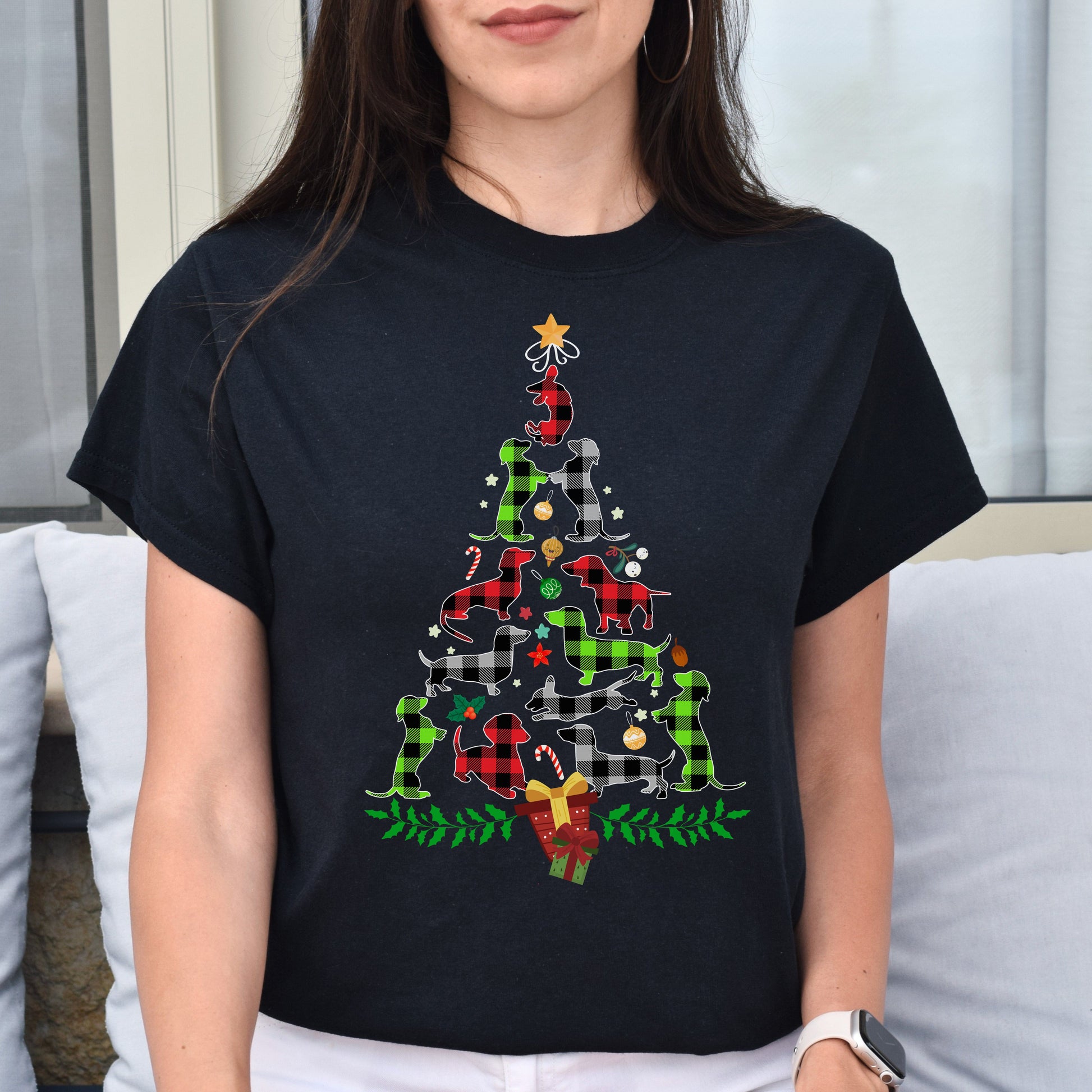 Dachshund Christmas tree Unisex shirt dachshund owner Holiday tee Black Dark Heather-Black-Family-Gift-Planet