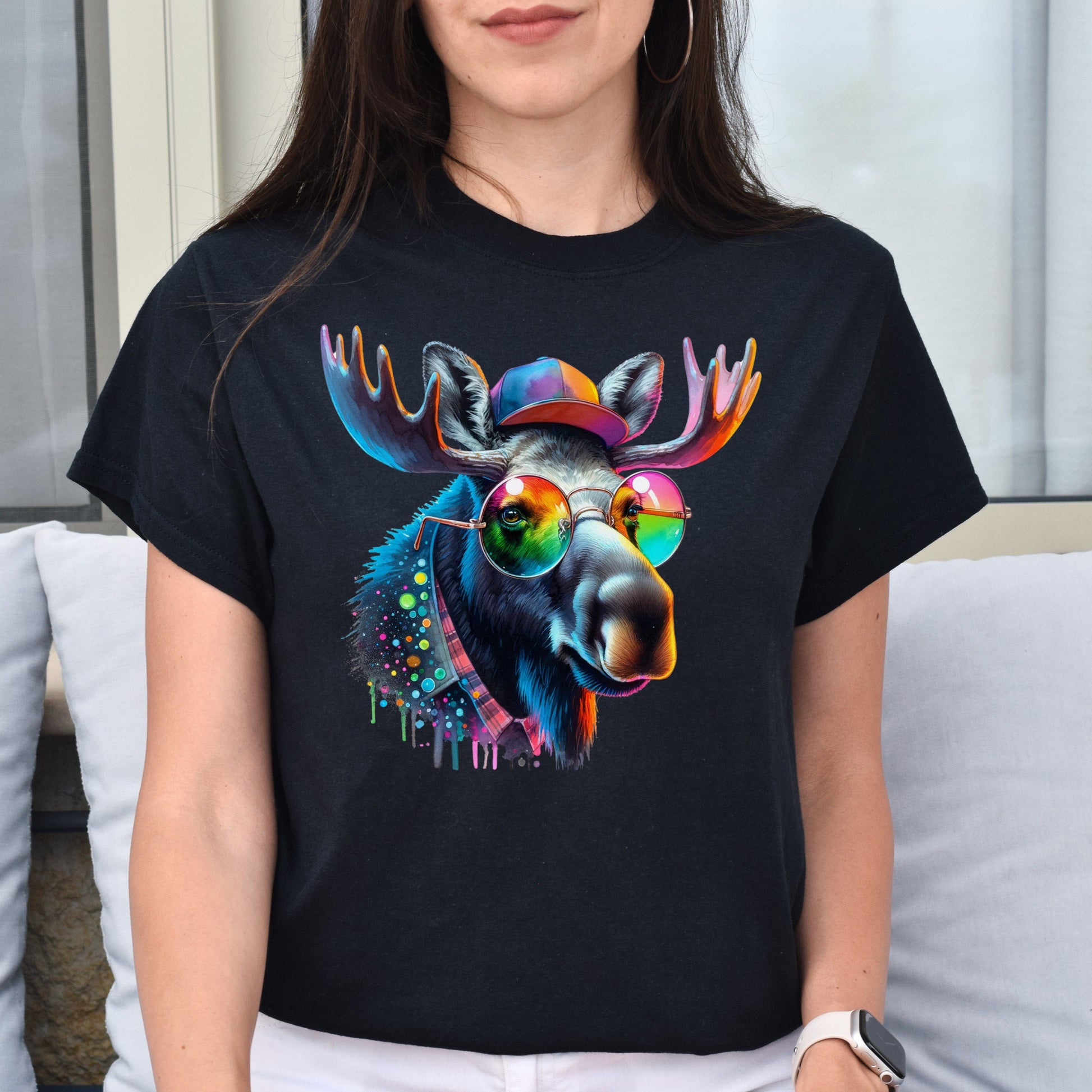 Moose Color Splash Unisex T-Shirt Cool Canadian moose Black Navy Dark Heather-Family-Gift-Planet