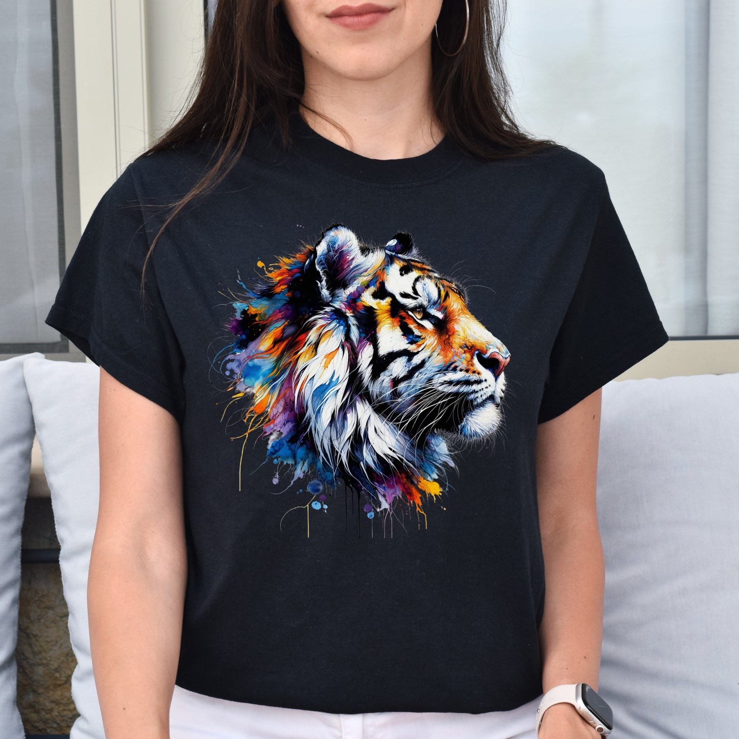 Handdrawn Trendy Tiger Color Splash Unisex T-shirt Black Navy Dark Heather-Family-Gift-Planet