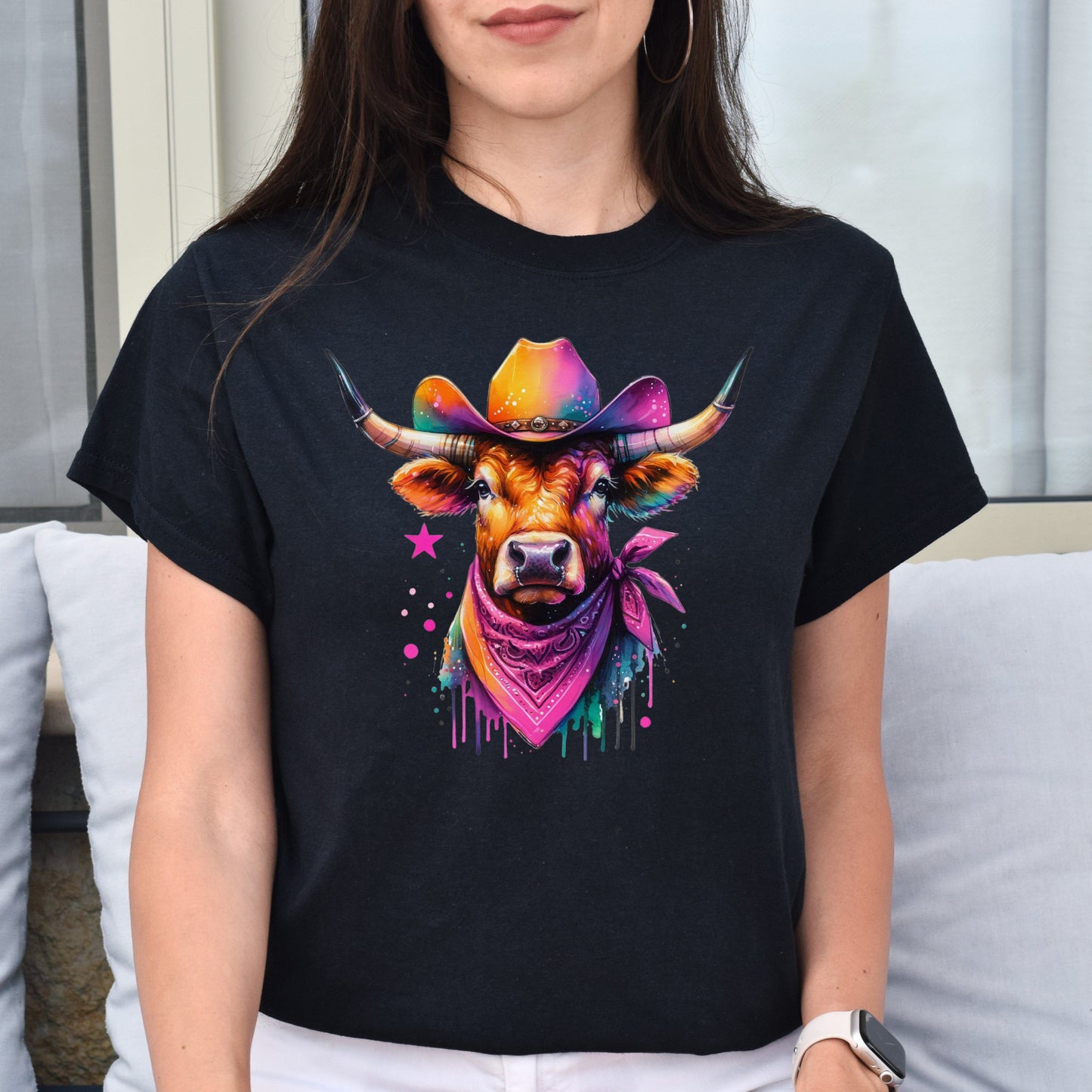 Texas Longhorn Color Splash Unisex T-Shirt pink Texas girl tee Black Navy Dark Heather-Family-Gift-Planet