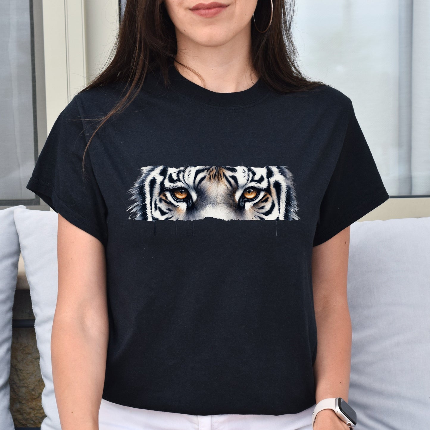 White Tiger Eyes Unisex T-shirt Black Navy Dark Heather-Family-Gift-Planet