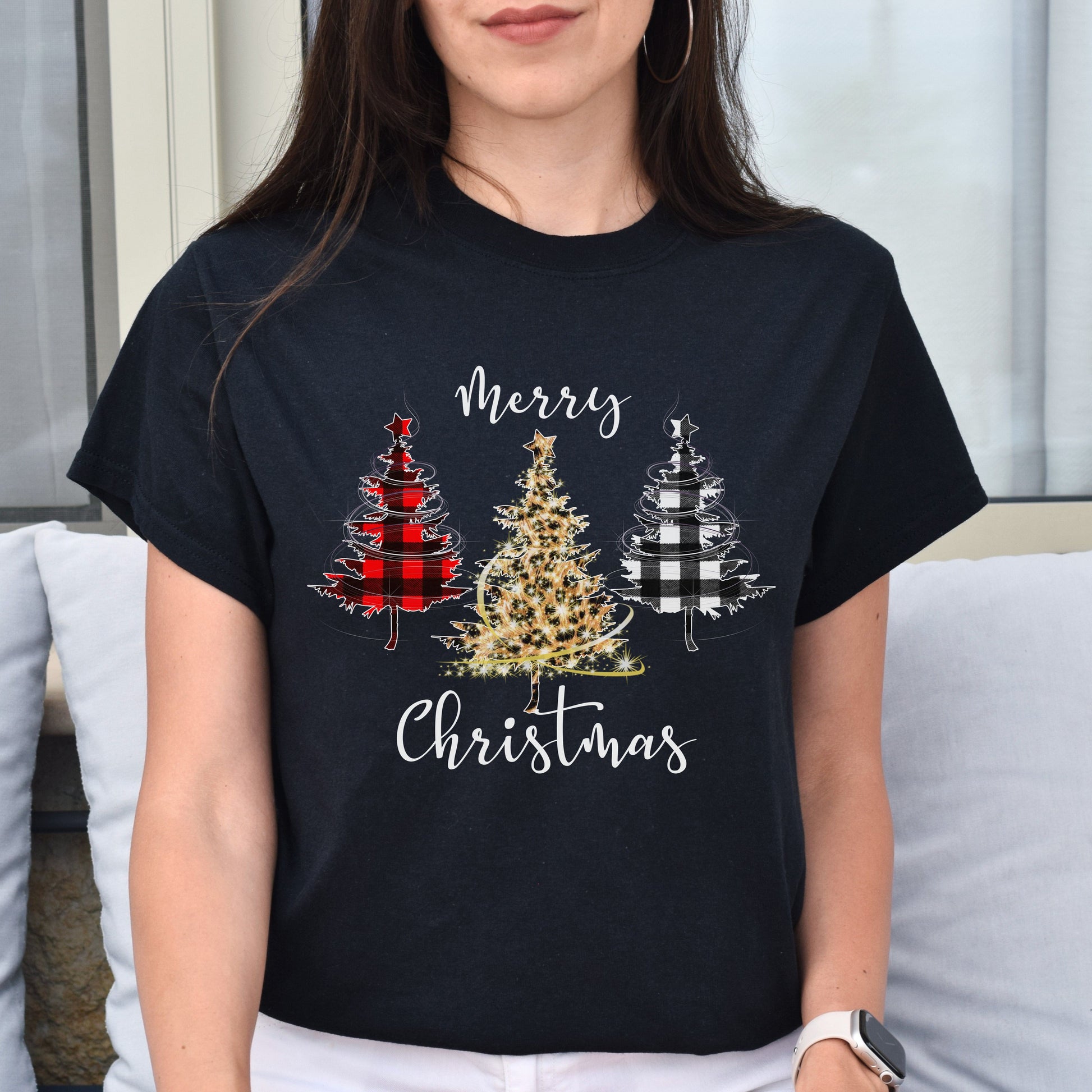 Merry Christmas Unisex shirt cute Holiday trees tee Black Dark Heather-Black-Family-Gift-Planet