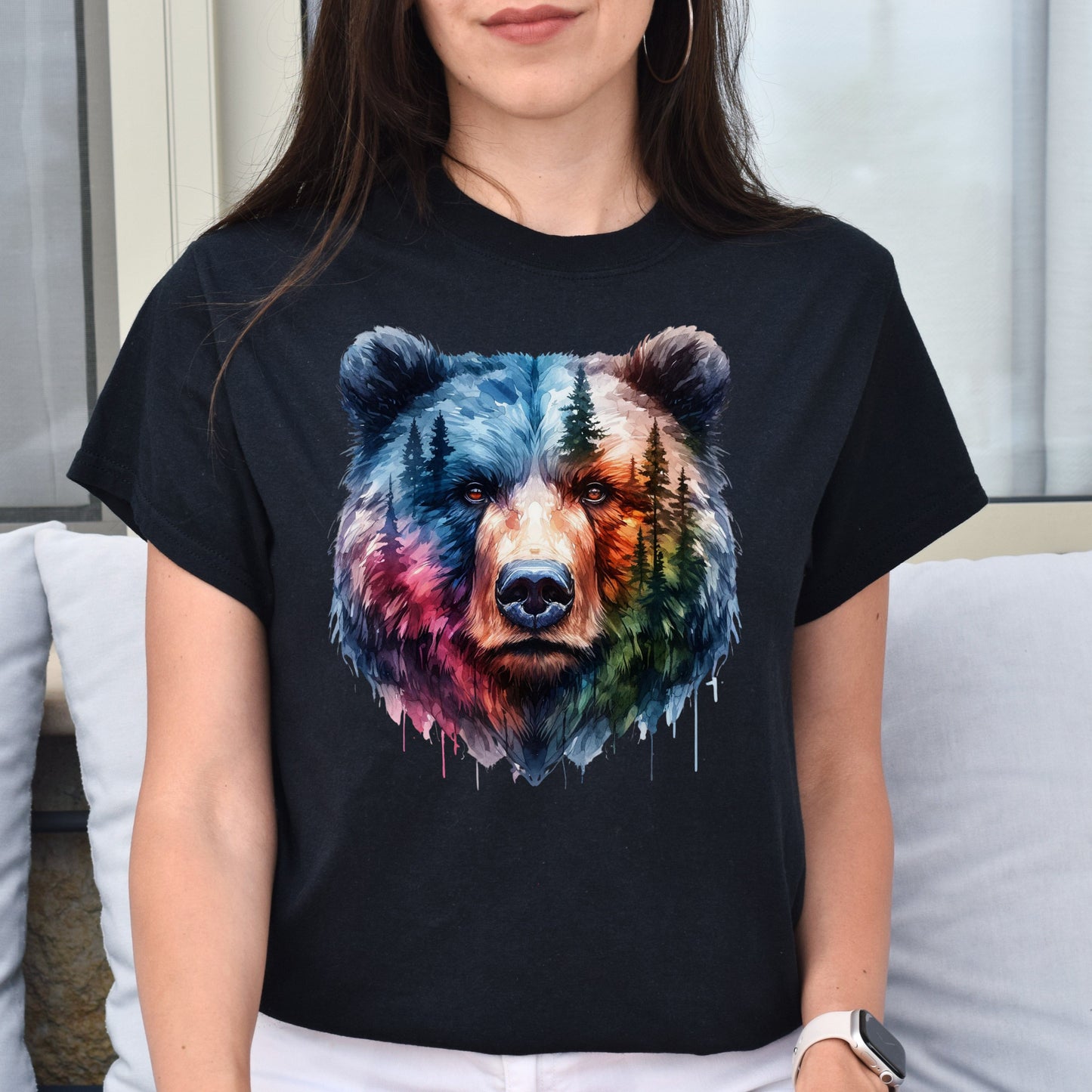 Grizzly and Forest Watercolor Unisex T-shirt Black Navy Dark Heather-Family-Gift-Planet