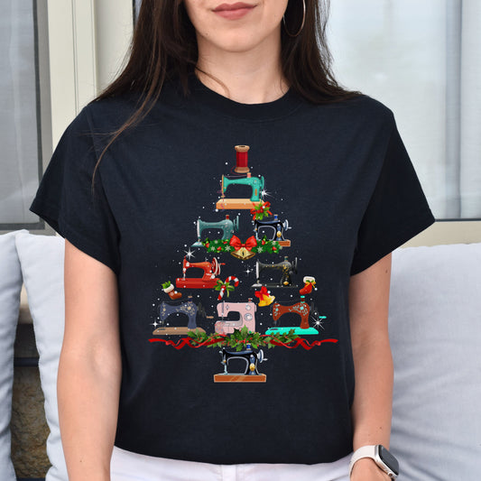Seamstress Holiday Unisex Shirt Sew machines Christmas tree tee Black Dark Heather-Black-Family-Gift-Planet