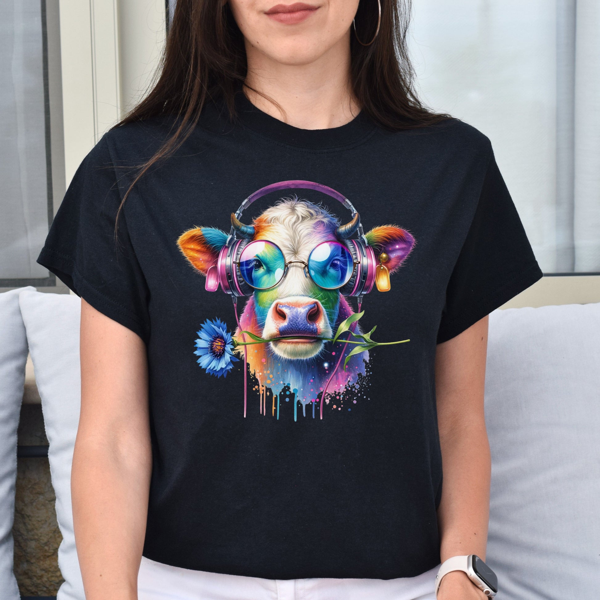 Cow with cornflower Colorful Unisex T-Shirt cattle farm tee Black Navy Dark Heather-Family-Gift-Planet