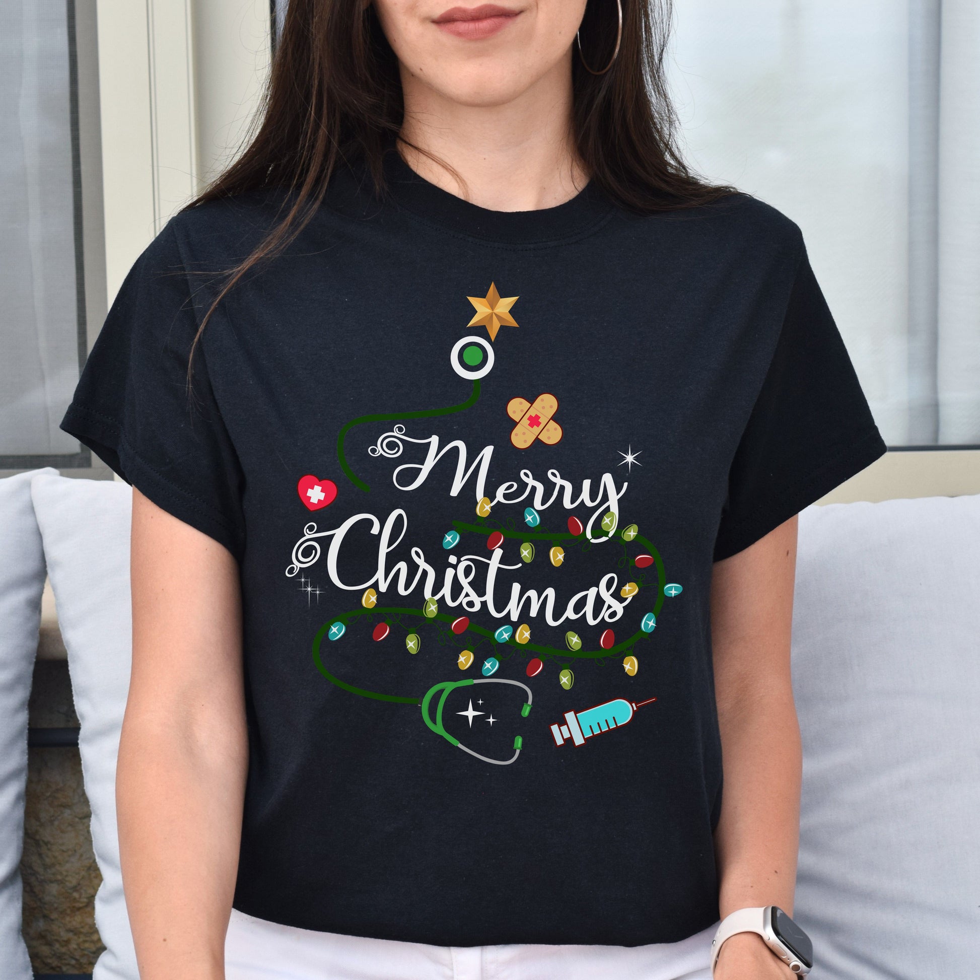 Nurse Christmas tree Unisex shirt Merry Christmas nurse tee Black Dark Heather-Black-Family-Gift-Planet