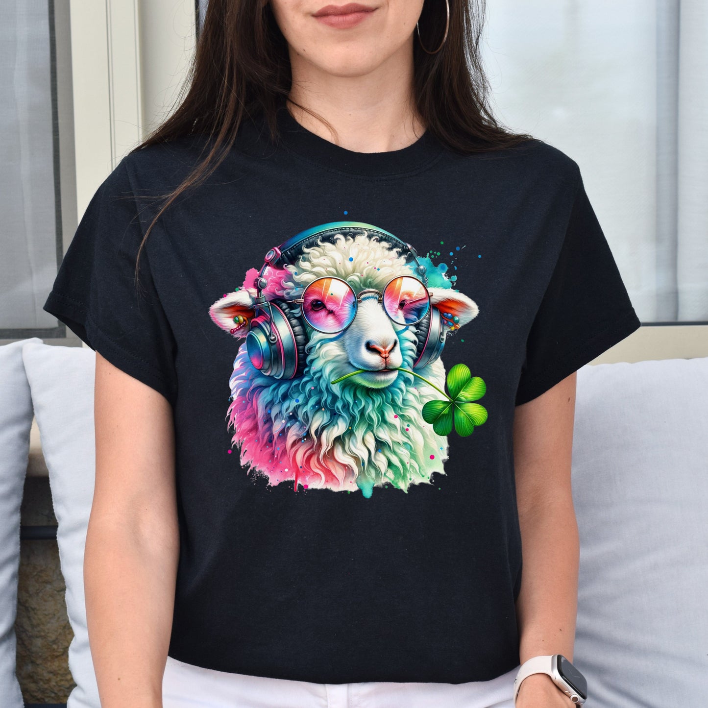 Irish Sheep with clover Colorful Unisex T-Shirt cool sheep farm tee Black Navy Dark Heather-Family-Gift-Planet