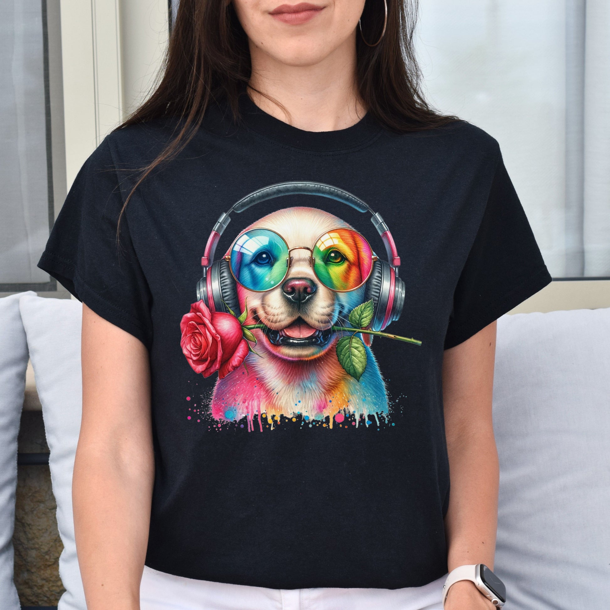 Labrador with Rose Colorful Unisex T-Shirt Cool romantic dog tee Black Navy Dark Heather-Family-Gift-Planet