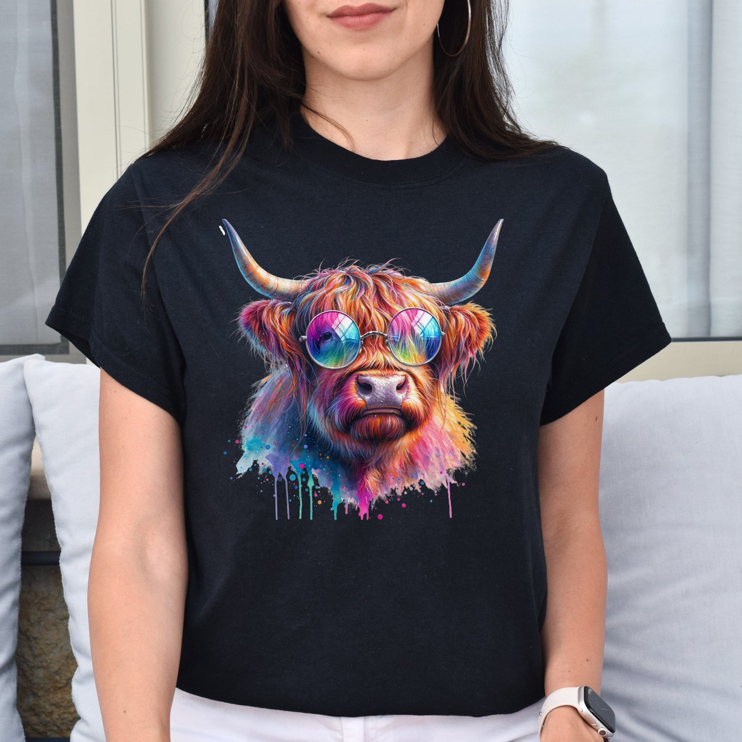 Highland cow Color splash Unisex T-Shirt Cool bull Black Navy Dark Heather-Family-Gift-Planet