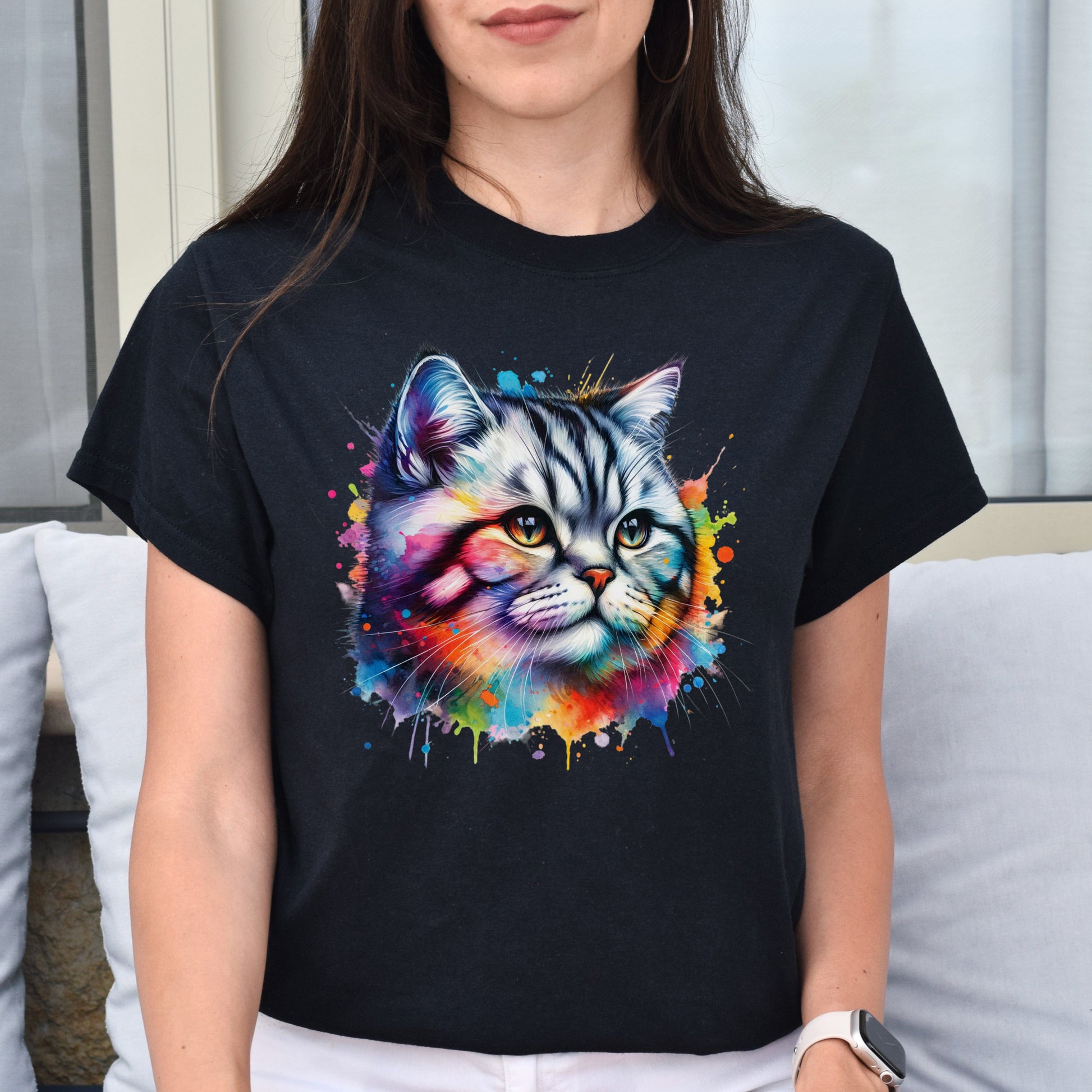 American Shorthair Cat Color Splash Unisex T-Shirt Black Navy Dark Heather-Family-Gift-Planet