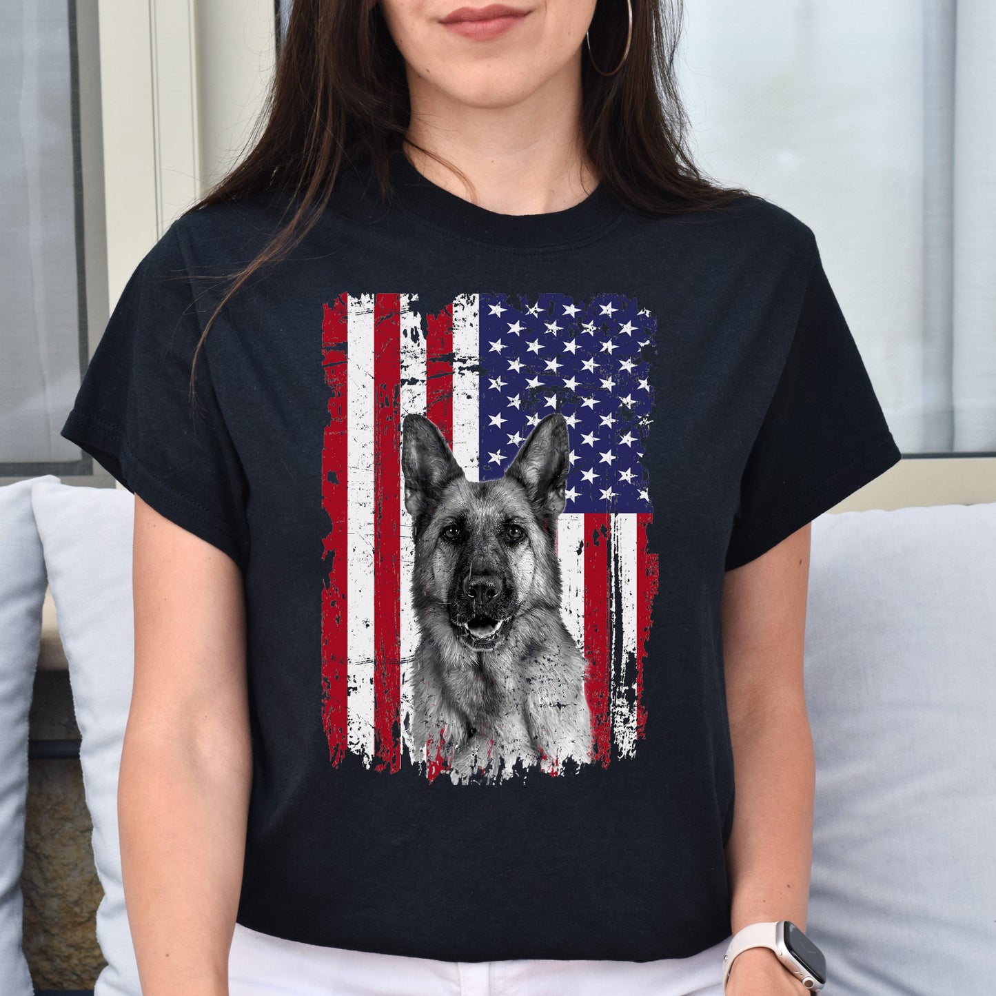 American flag German shepherd Unisex t-shirt gift black navy dark heather-Family-Gift-Planet