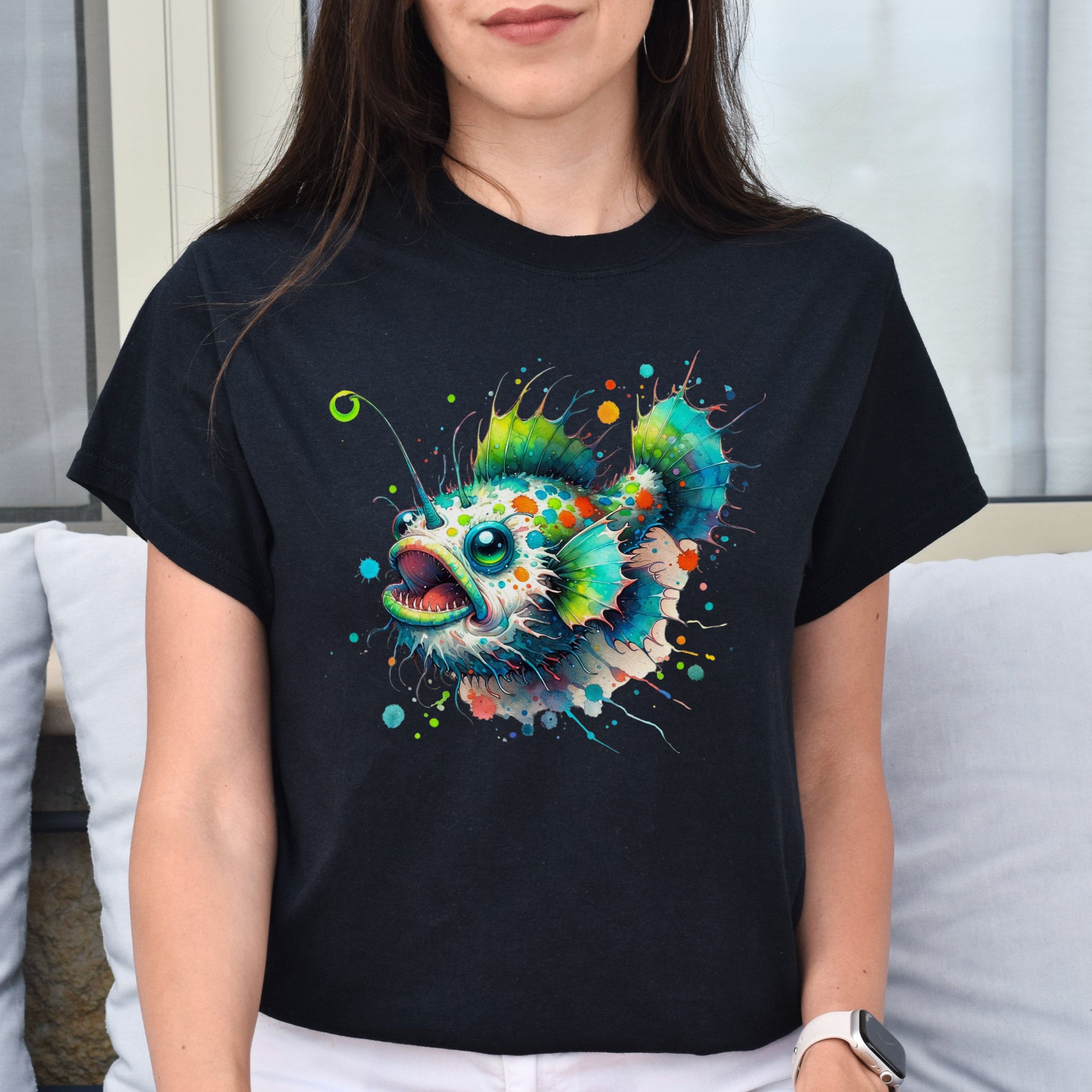 Artistic Anglerfish deep fish Color Splash Unisex T-shirt Black Navy Dark Heather-Family-Gift-Planet