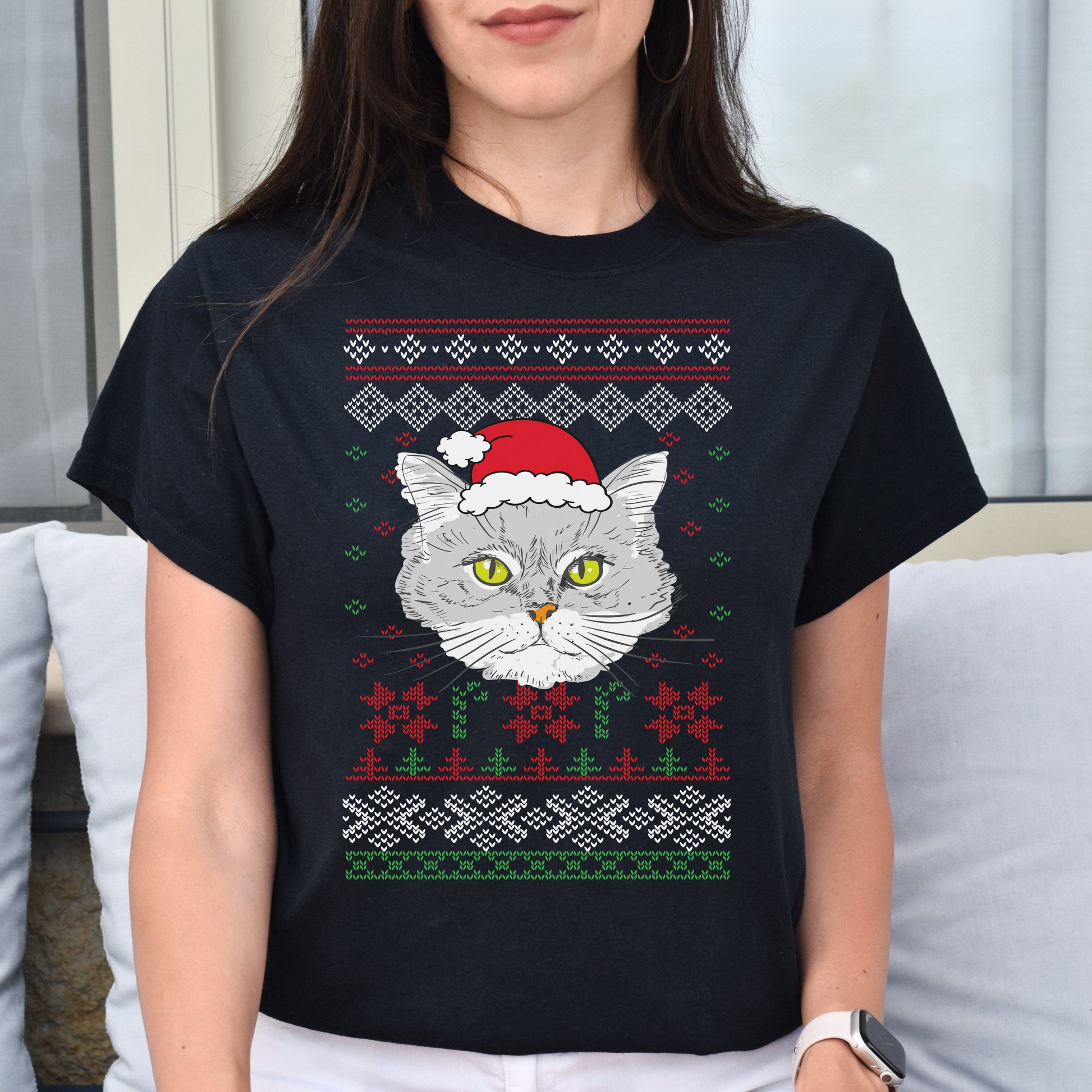 Cat Ugly Sweater Unisex shirt cat Christmas tee Black Dark Heather-Black-Family-Gift-Planet
