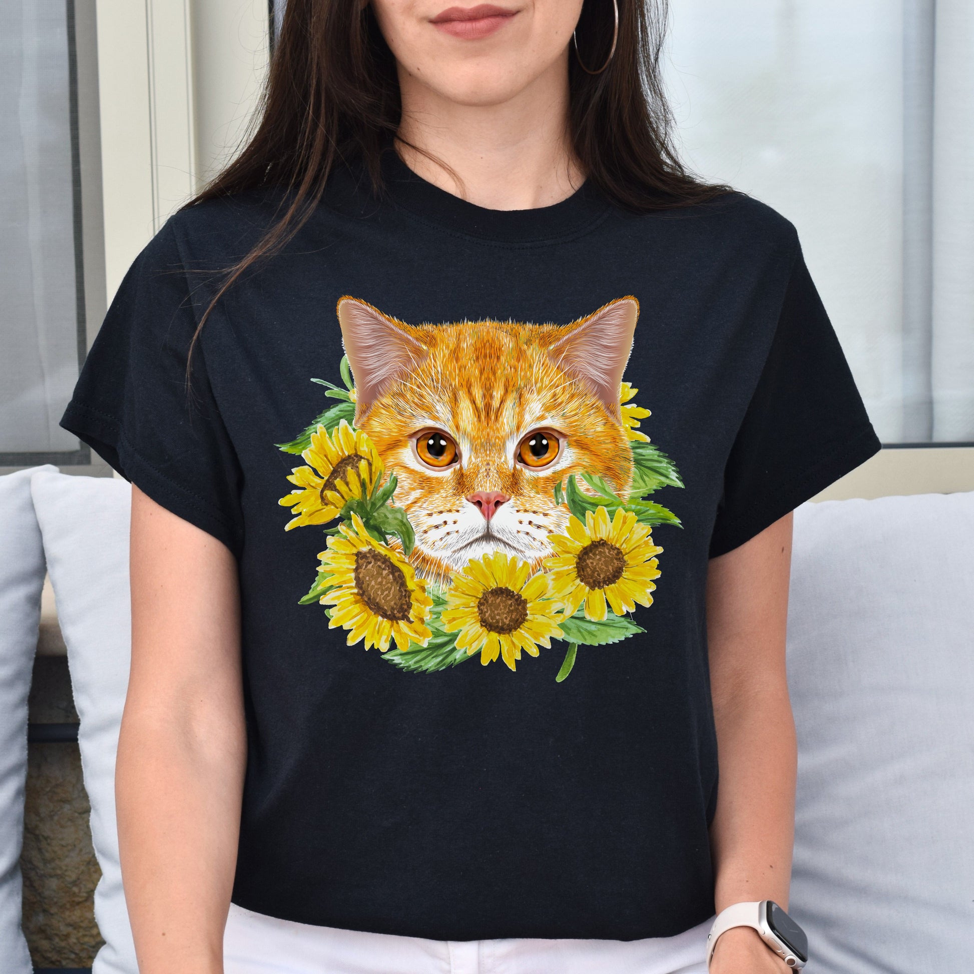 Cat with flowers Unisex shirt cat sunflowers tee Black Dark Heather-Black-Family-Gift-Planet