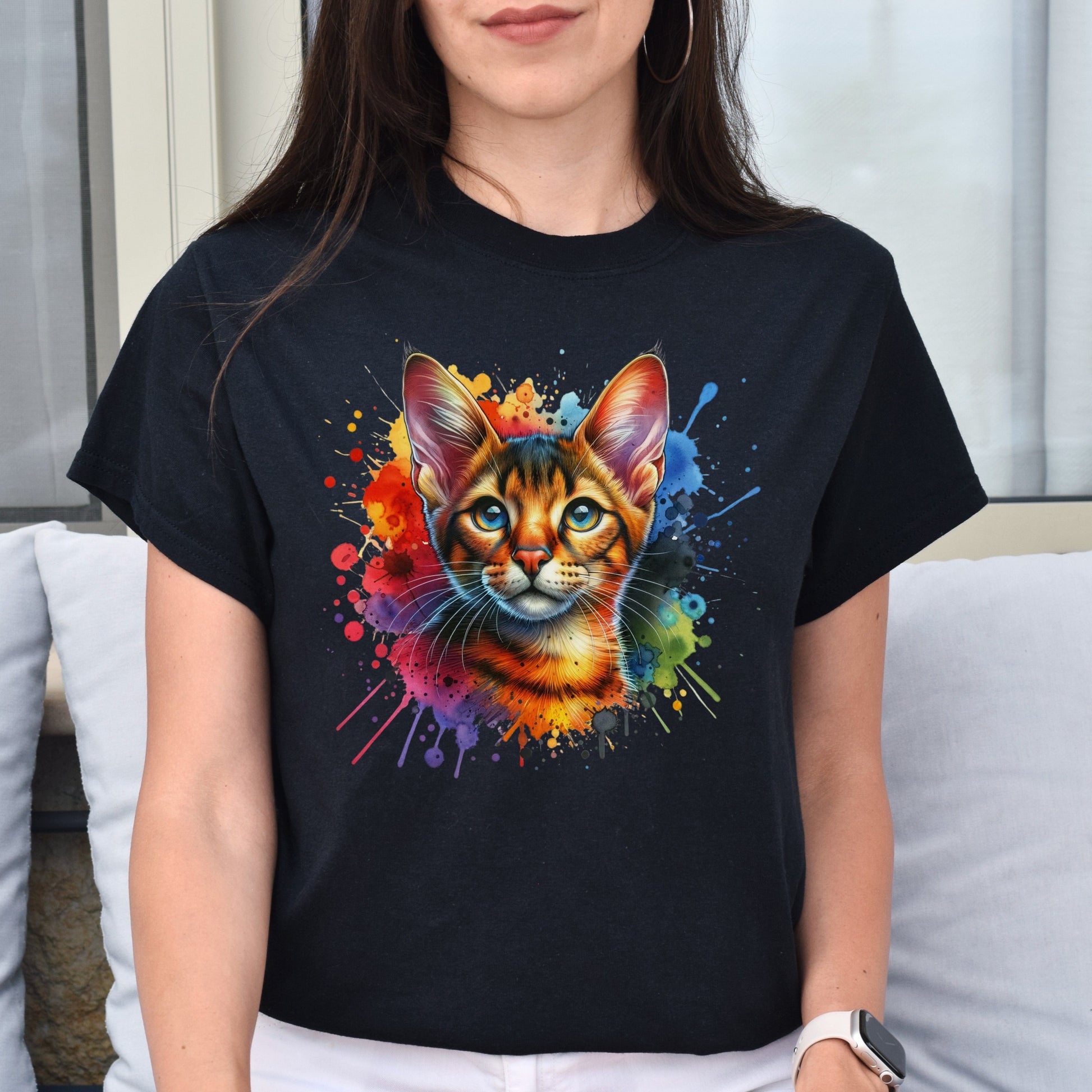 Chausie Cat Color Splash Unisex T-Shirt Black Navy Dark Heather-Black-Family-Gift-Planet