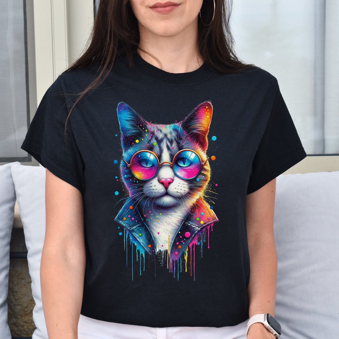 Cool cat with eyeglasses Color Splash Unisex T-shirt Black Navy Dark Heather-Family-Gift-Planet