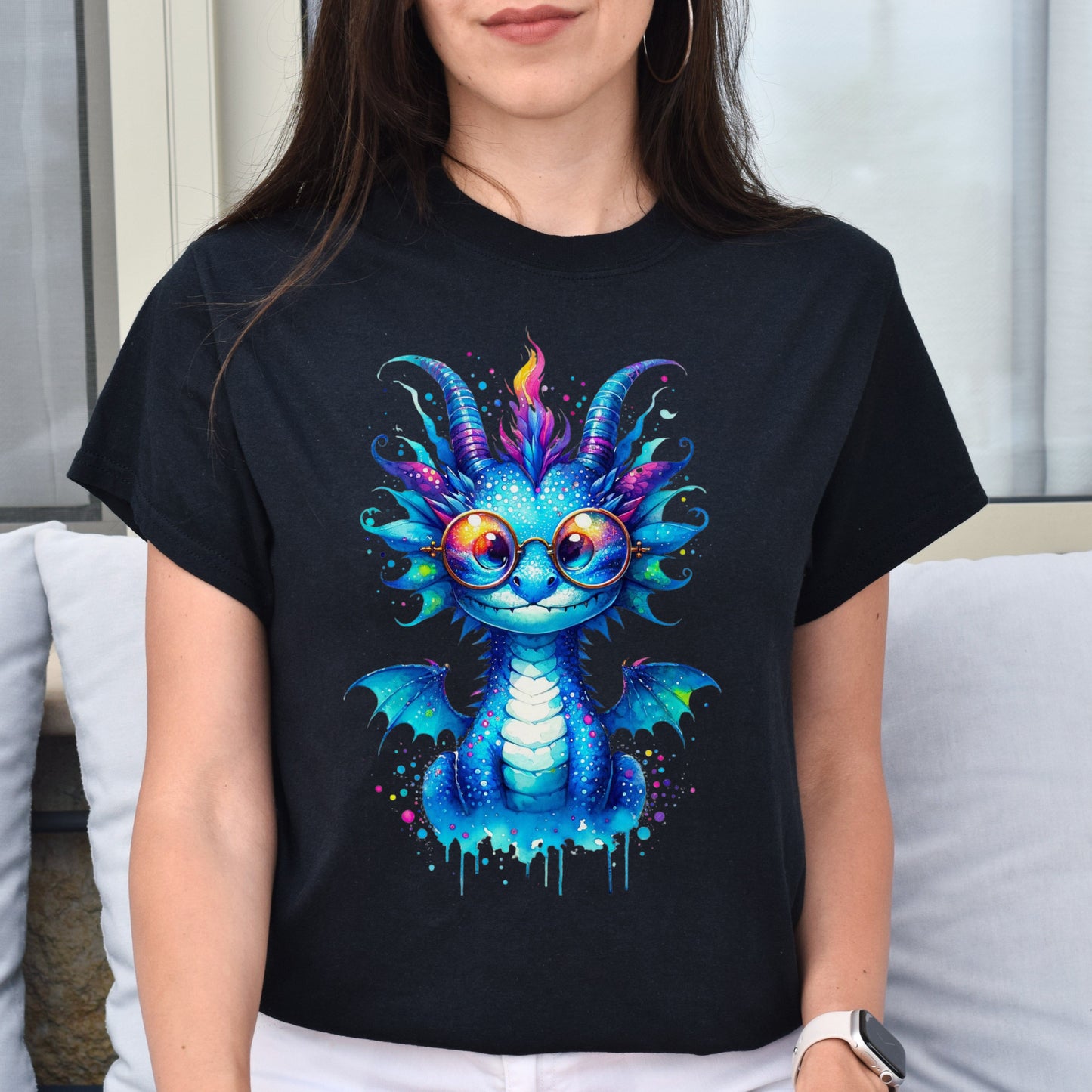 Cool cute Blue dragon 2024 Color Splash Unisex T-shirt Black Navy Dark Heather-Family-Gift-Planet