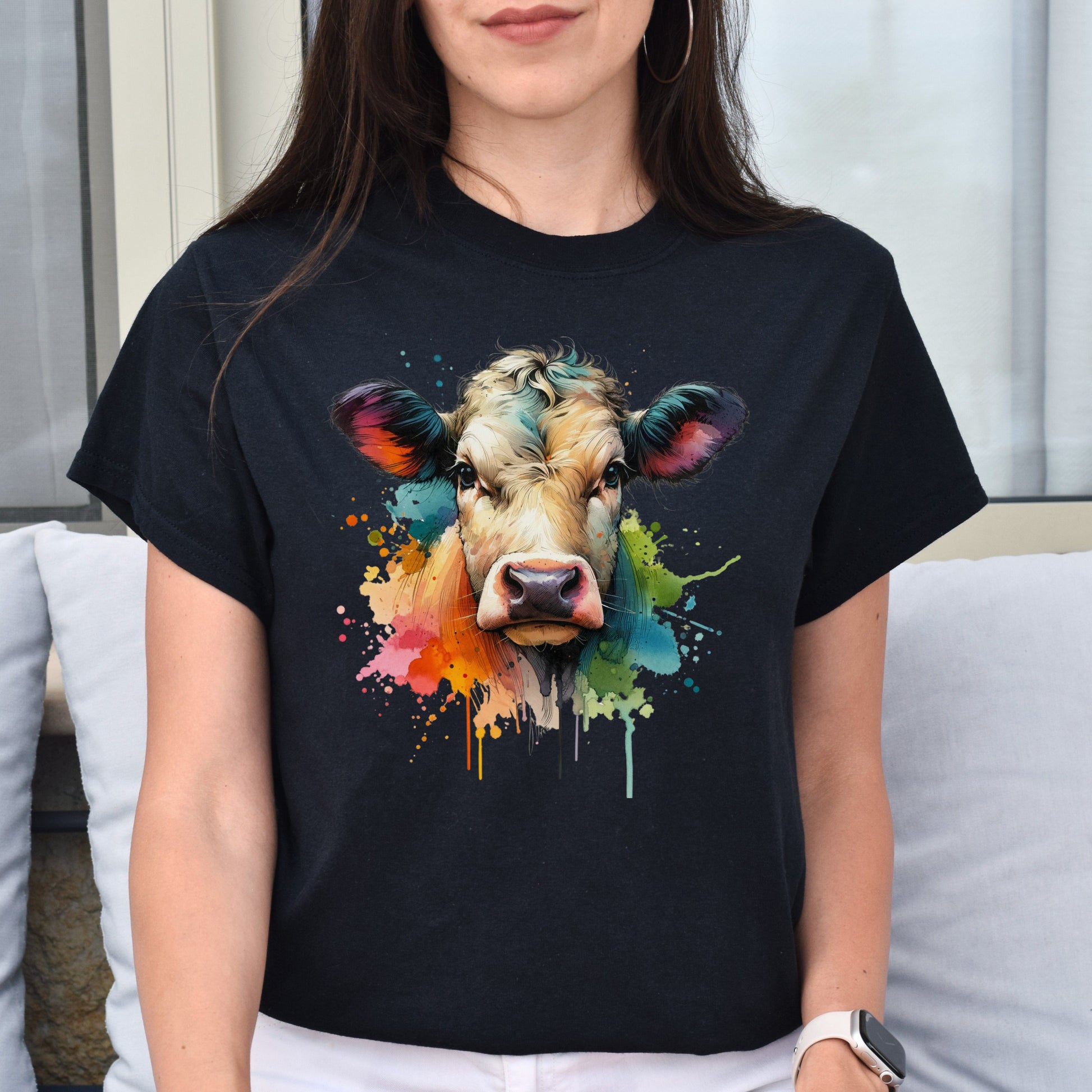 Cow Color Splash Unisex T-Shirt Black Navy Dark Heather-Family-Gift-Planet