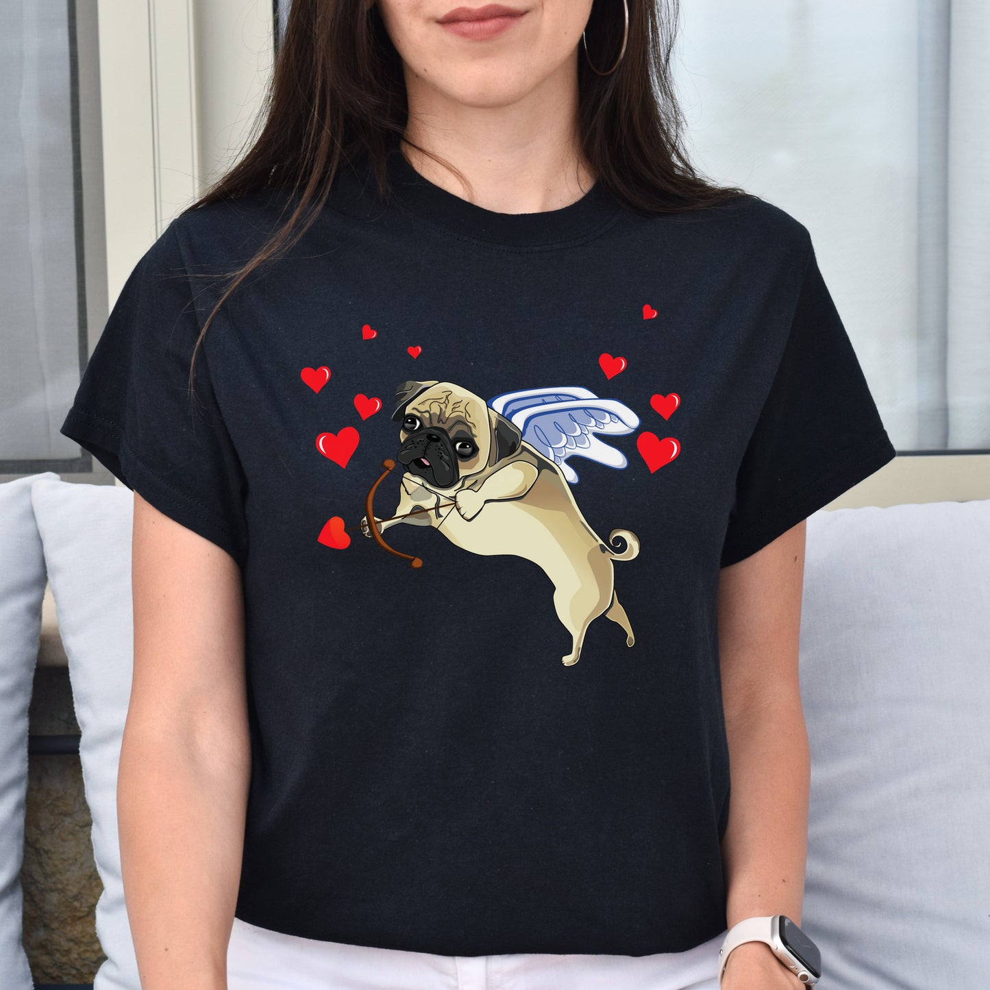 Cupid Pug Unisex T-Shirt gift Valentine Pug dog owner tee black dark heather-Black-Family-Gift-Planet