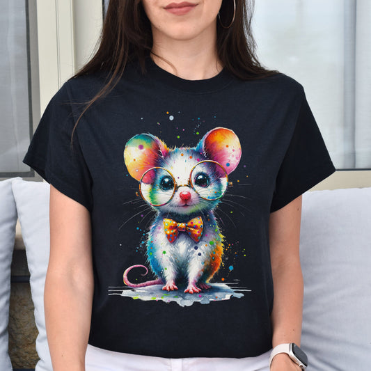Cute inteligent mouse with glasses Color Splash Unisex T-shirt-Black-Family-Gift-Planet