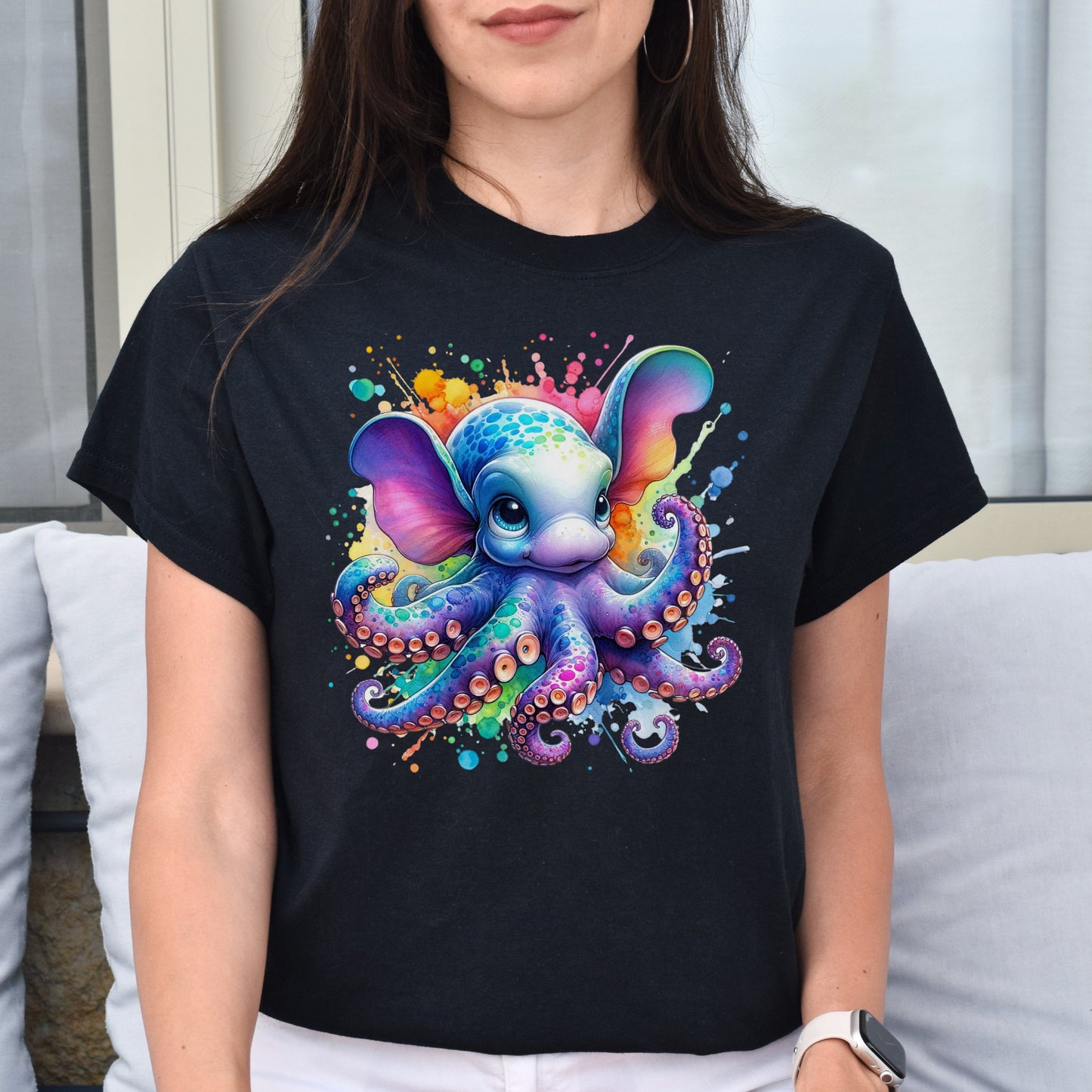 Artistic Dumbo Octopus Color Splash Unisex T-shirt Black Navy Dark Heather-Family-Gift-Planet