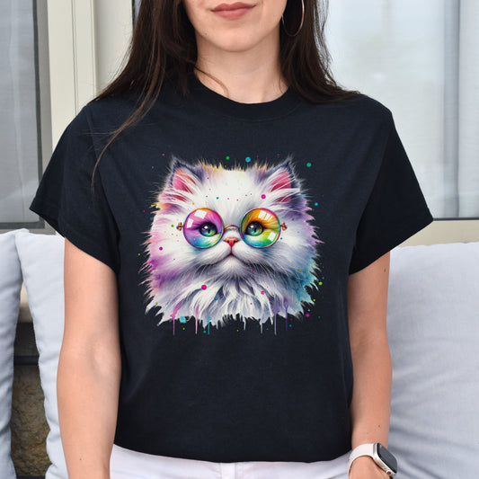 Fluffy kitten with glasses Color Splash Unisex T-shirt Black Navy Dark Heather-Black-Family-Gift-Planet