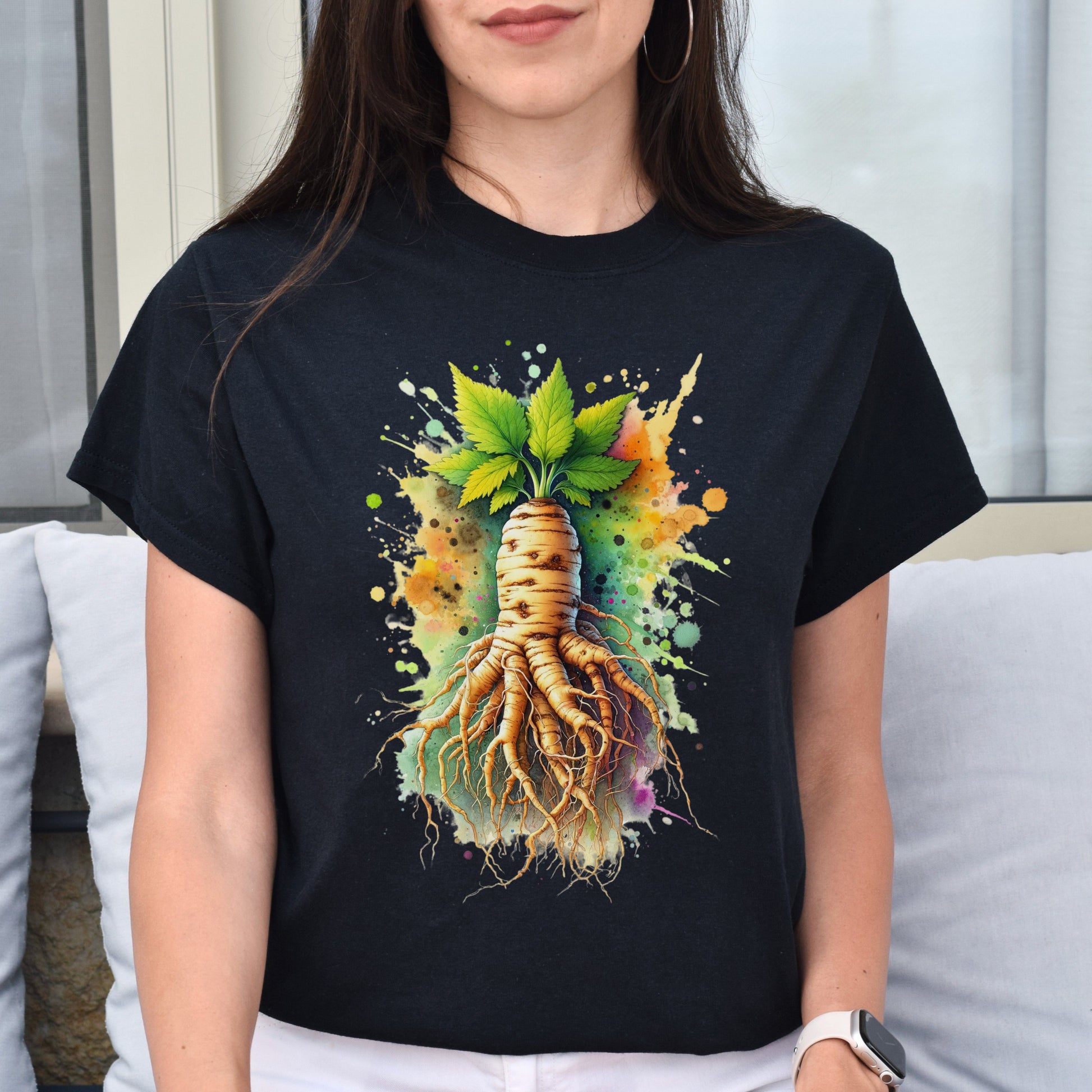 Artistic Ginseng Root Color Splash Unisex T-shirt Black Navy Dark Heather-Family-Gift-Planet