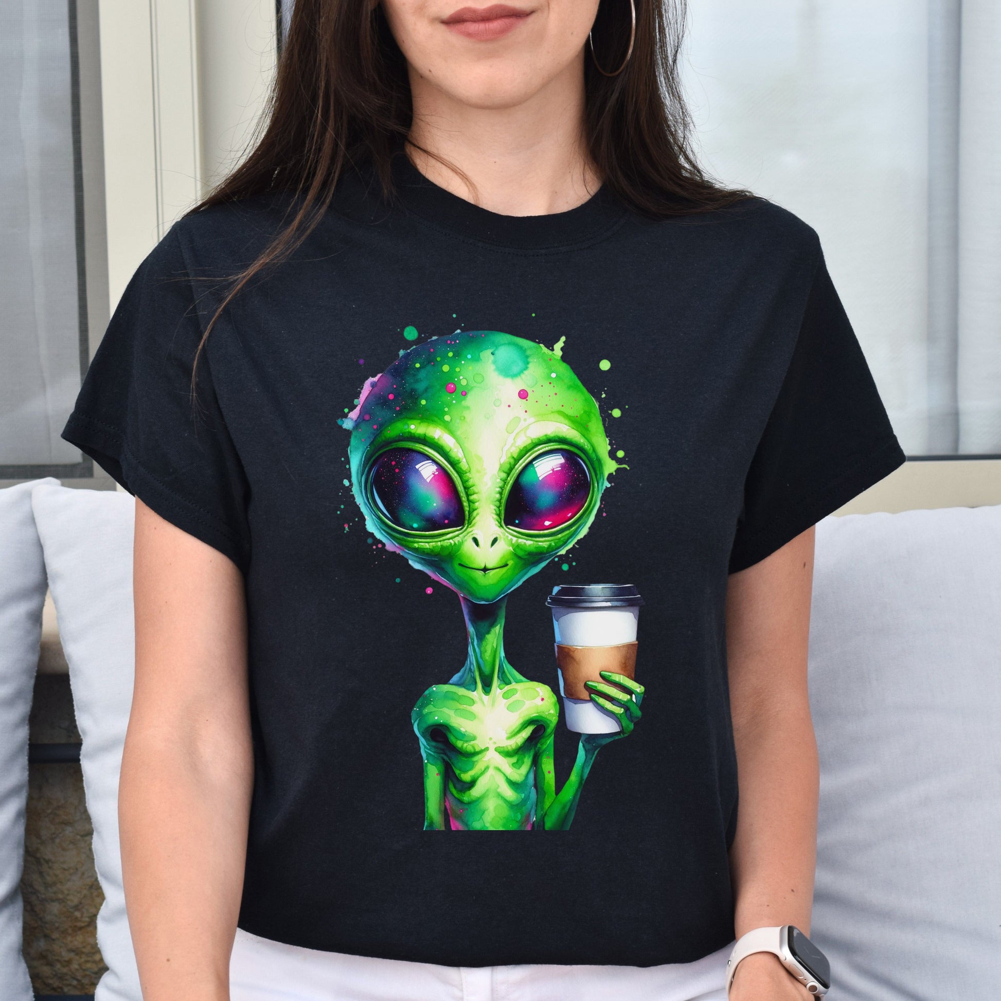 Green alien with tall coffee Color Splash Unisex T-shirt Black Navy Dark Heather-Family-Gift-Planet