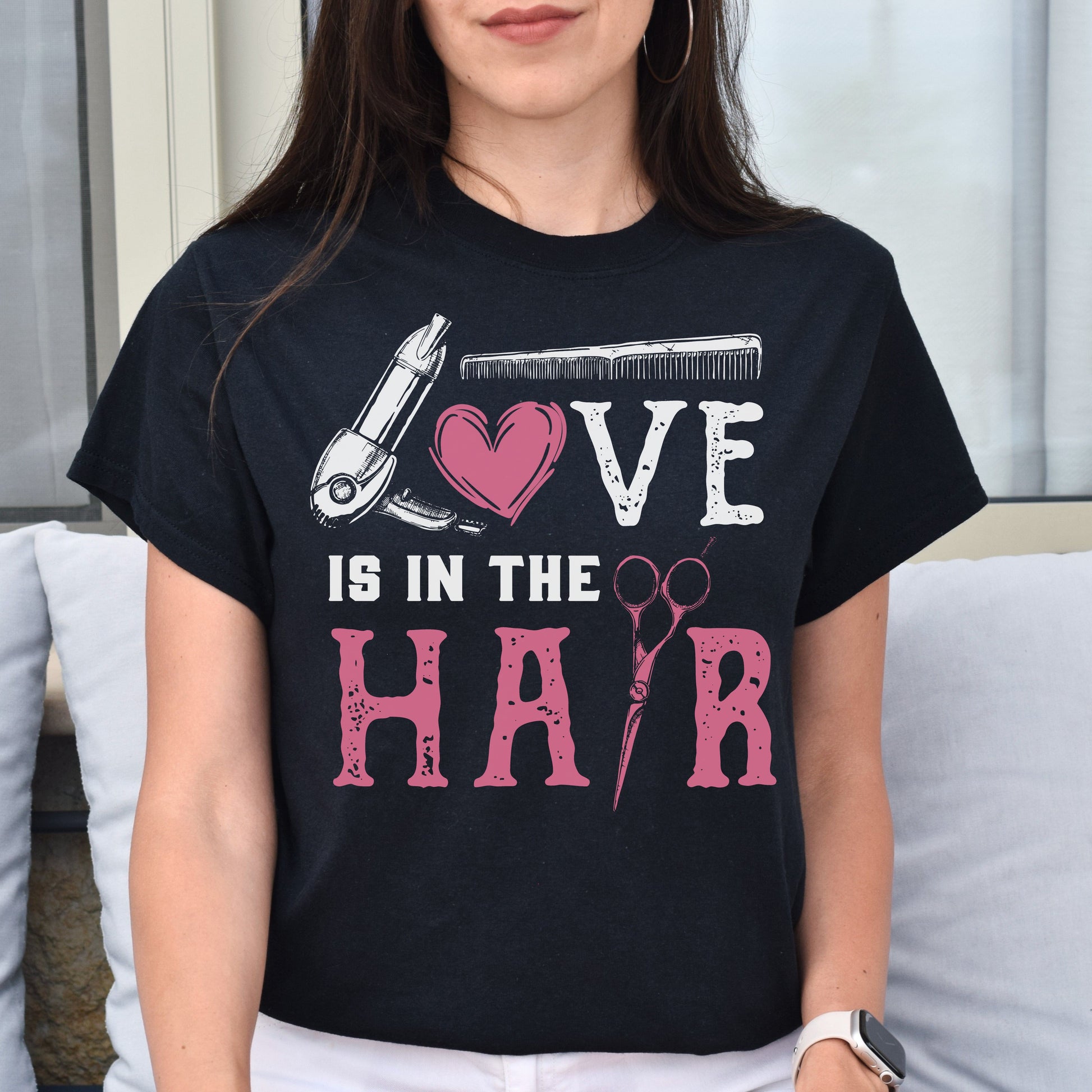 Love is in the hair Hairstylist Unisex T-shirt hairdresser haircutter tee black dark heather-Black-Family-Gift-Planet