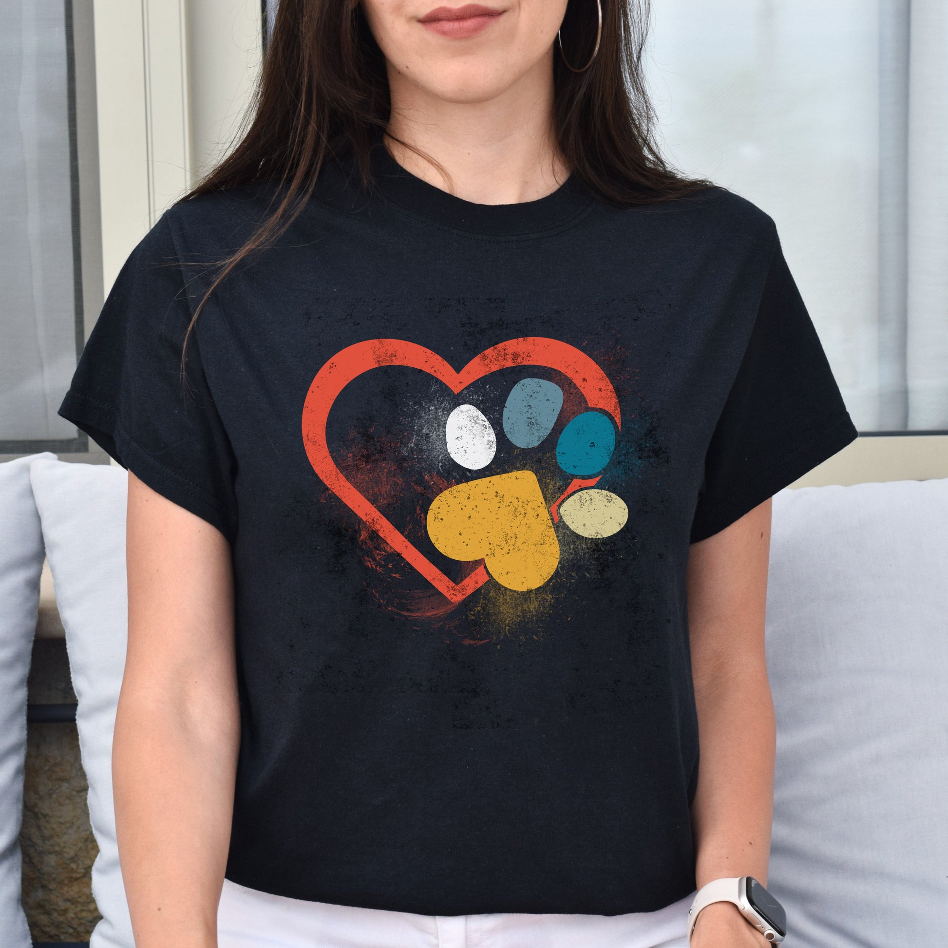 Heart Pet Footprint Unisex T-Shirt gift dog lover tee black dark heather-Family-Gift-Planet