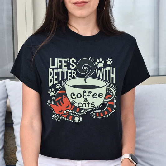 Life is better with coffee and cats Unisex shirt Black Dark Heather-Black-Family-Gift-Planet