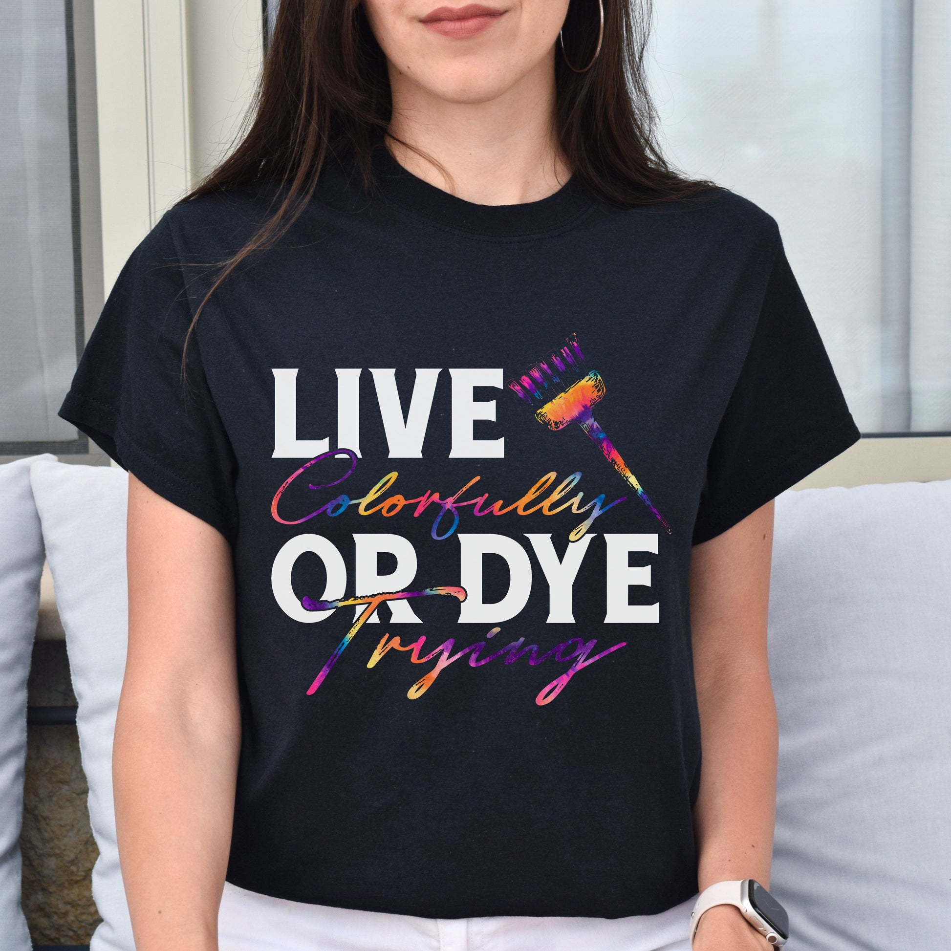 Live colorfully or dye trying Unisex T-shirt hairdresser haircutter tee black dark heather-Black-Family-Gift-Planet