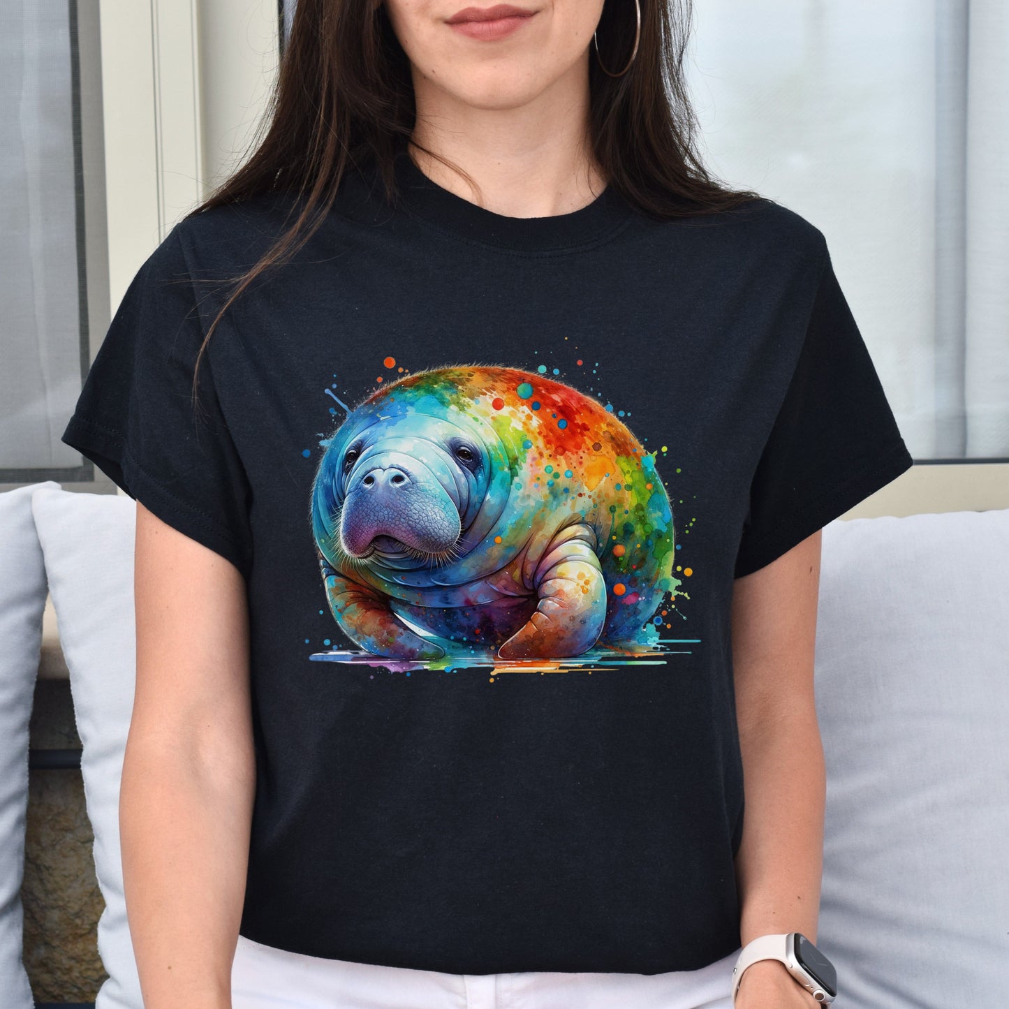 Artistic Manatee Color Splash Unisex T-shirt Black Navy Dark Heather-Family-Gift-Planet