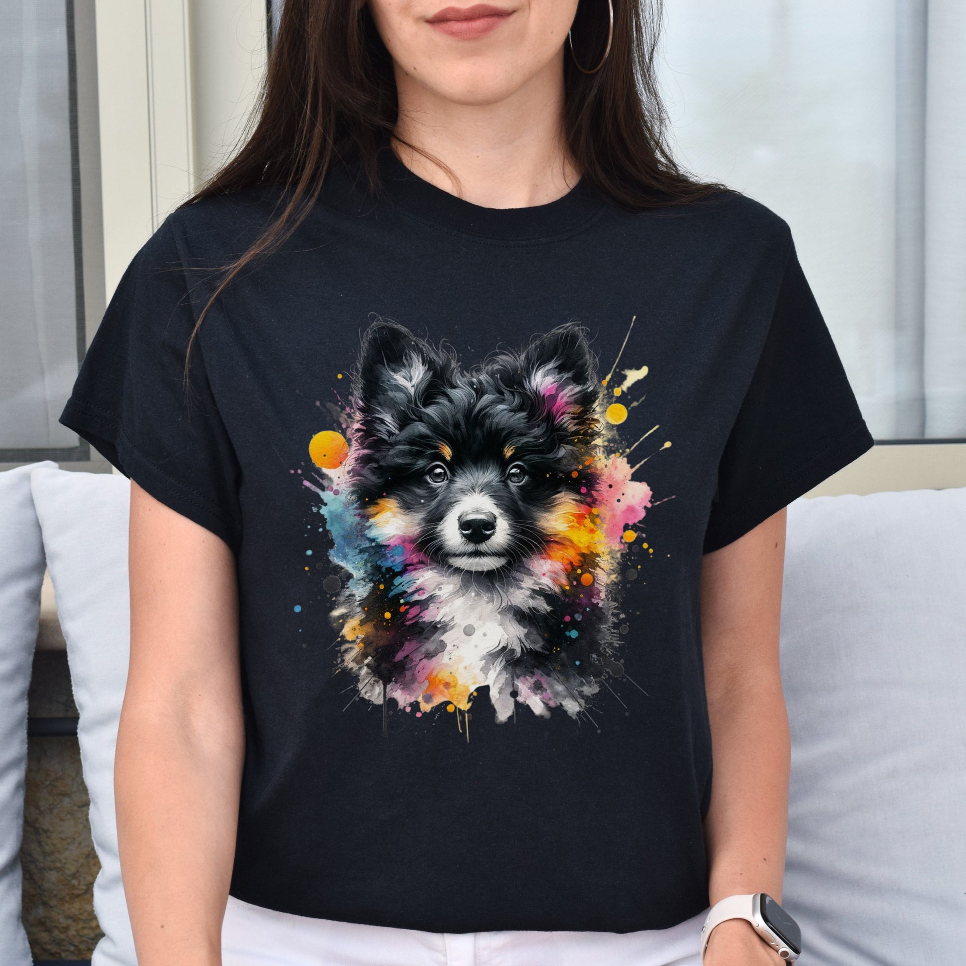 Artistic Mudi dog mama Color Splash Unisex T-shirt Black Navy Dark Heather-Black-Family-Gift-Planet