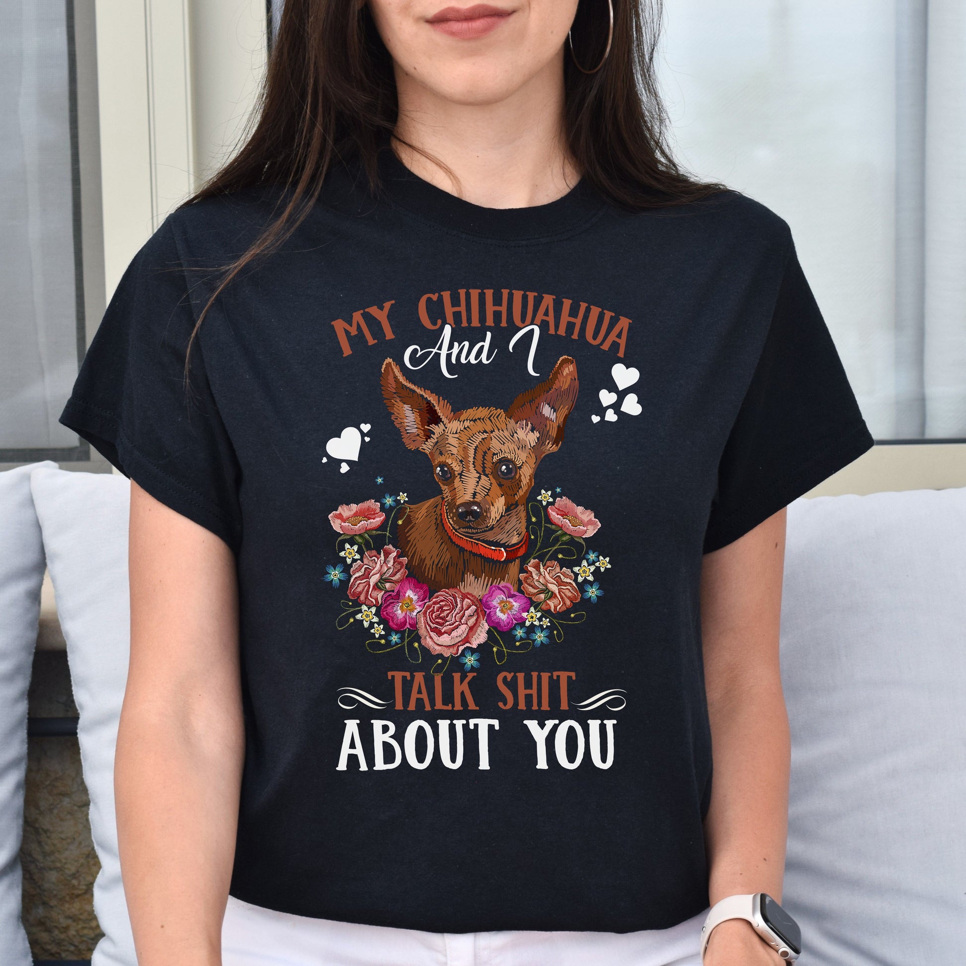 My chihuahua and I talk shit about you Unisex t-shirt gift black navy dark heather-Black-Family-Gift-Planet