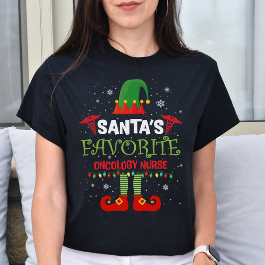 Santa's Favorite Oncology Nurse Christmas Unisex Shirt Black Dark Heather-Black-Family-Gift-Planet