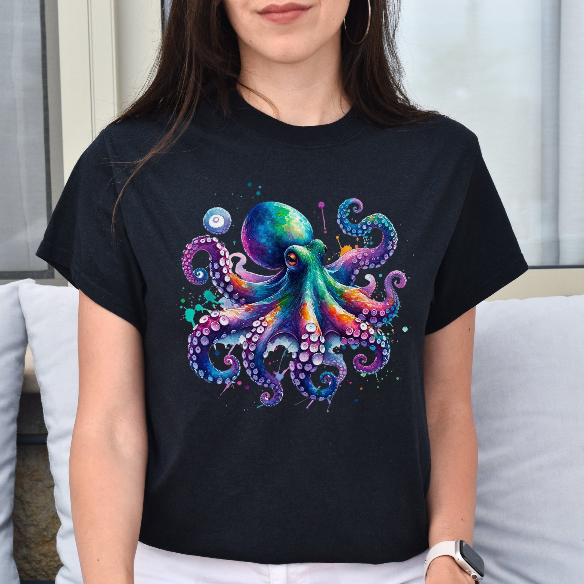 Octopus Color Splash Unisex T-Shirt Black Navy Dark Heather-Family-Gift-Planet