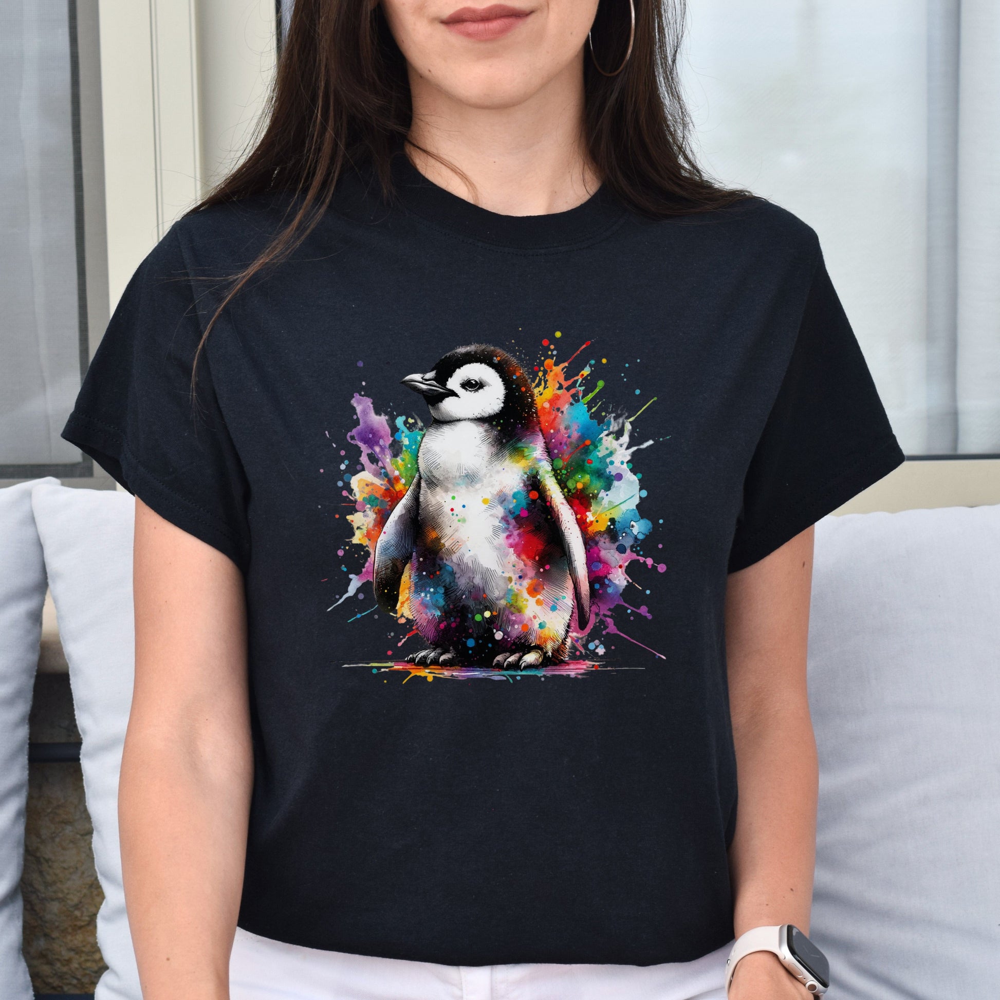 Artistic Penguin Color Splash Unisex T-shirt Black Navy Dark Heather-Black-Family-Gift-Planet