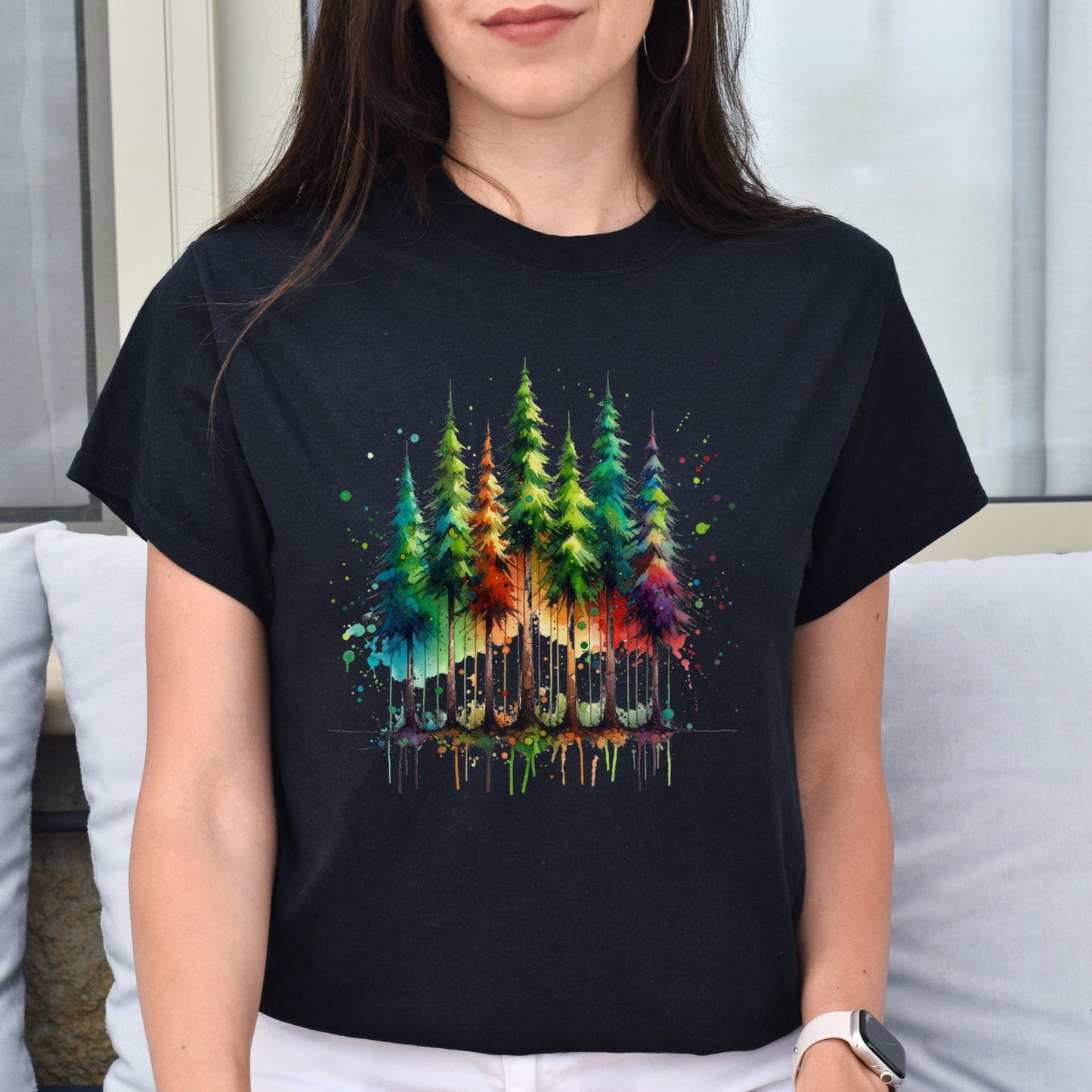 Mysterious Pine tree forest Color Splash Unisex T-shirt Black Navy Dark Heather-Family-Gift-Planet