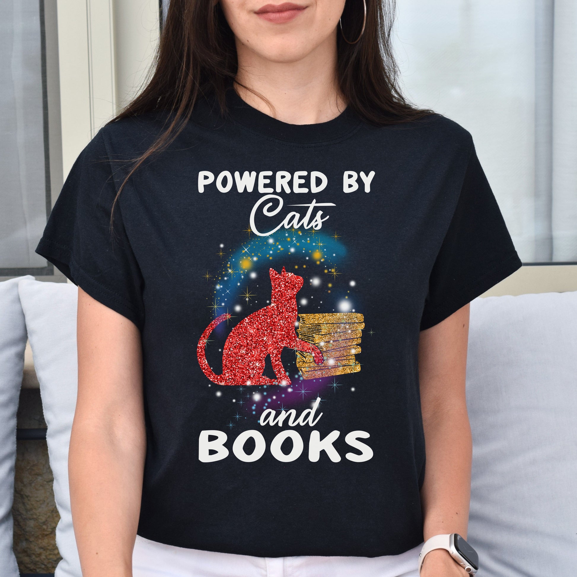 Powered by cats and books Unisex shirt Black Dark Heather-Black-Family-Gift-Planet