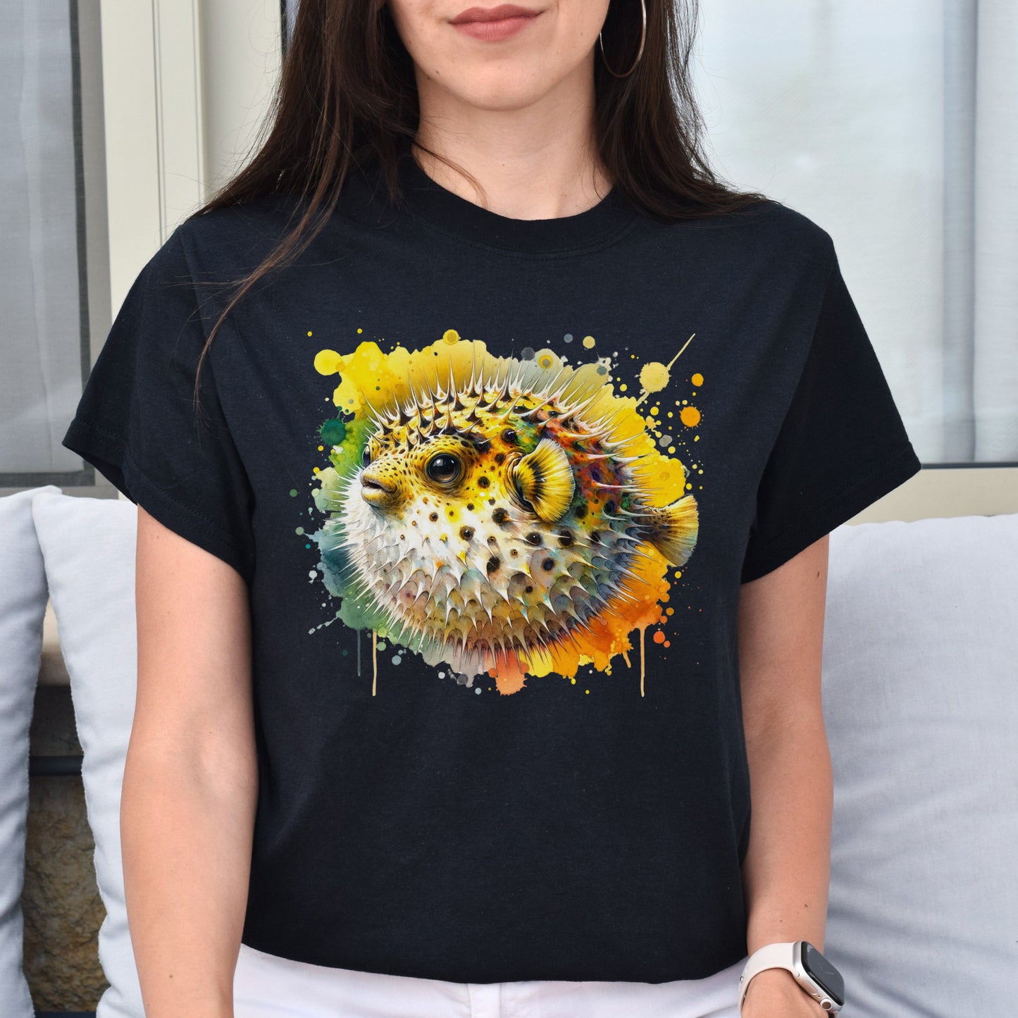 Vibrant Pufferfish Color Splash Unisex T-shirt Black Navy Dark Heather-Family-Gift-Planet