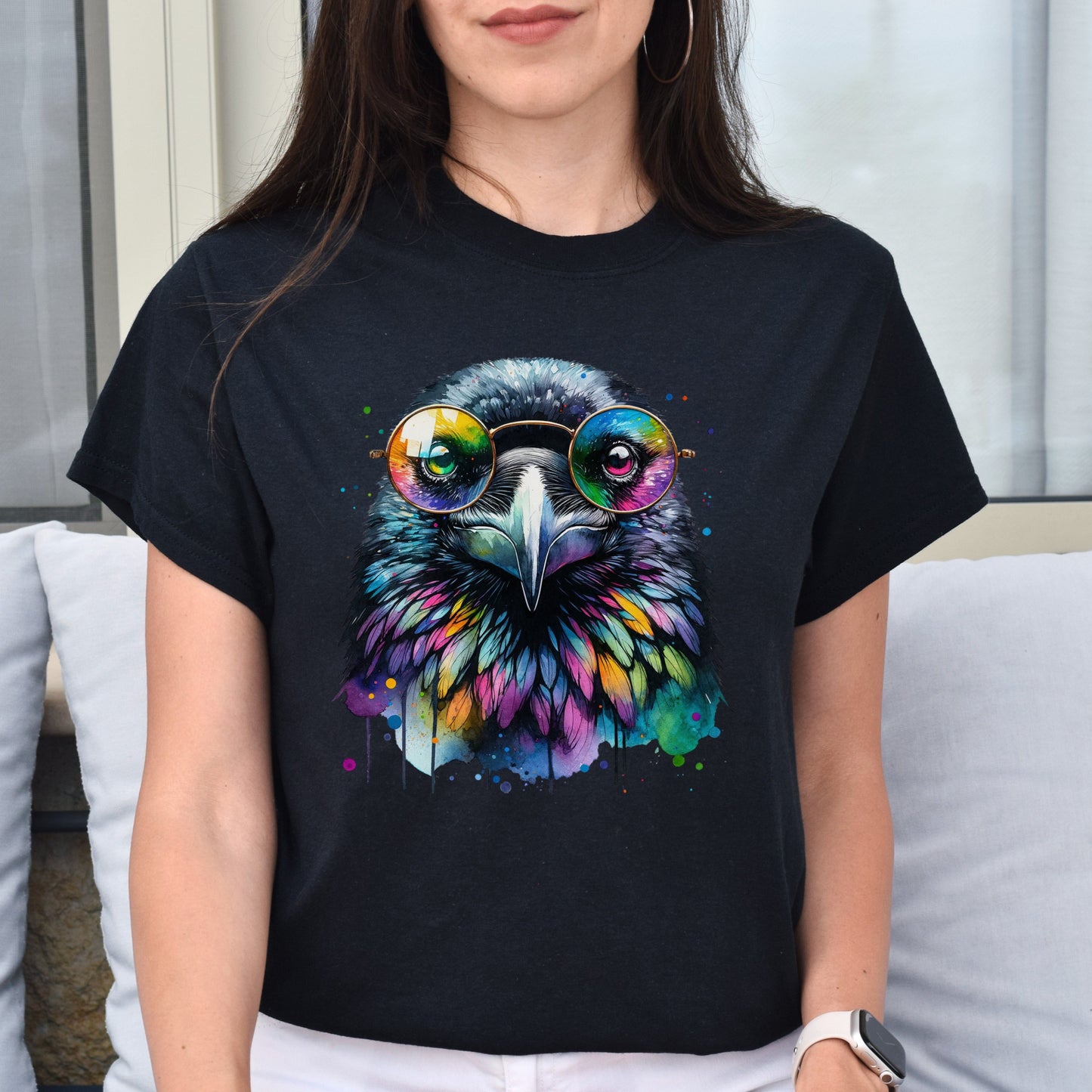 Raven with Glasses Color Splash Unisex T-shirt Black Navy Dark Heather-Family-Gift-Planet