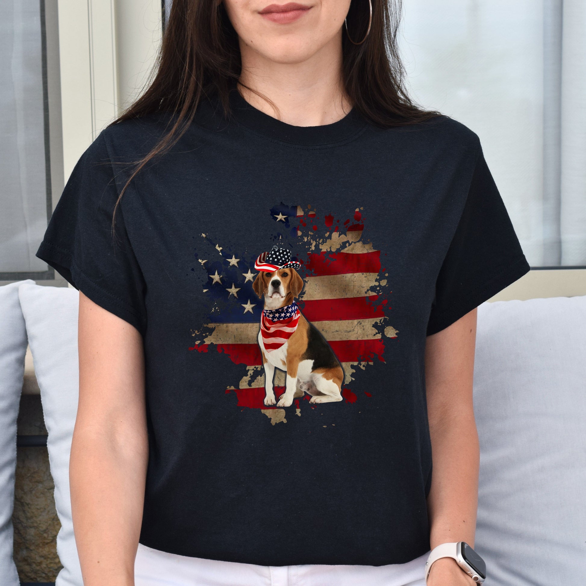 Retro Dog American Flag Unisex T-Shirt gift US dog owner tee black dark heather-Family-Gift-Planet