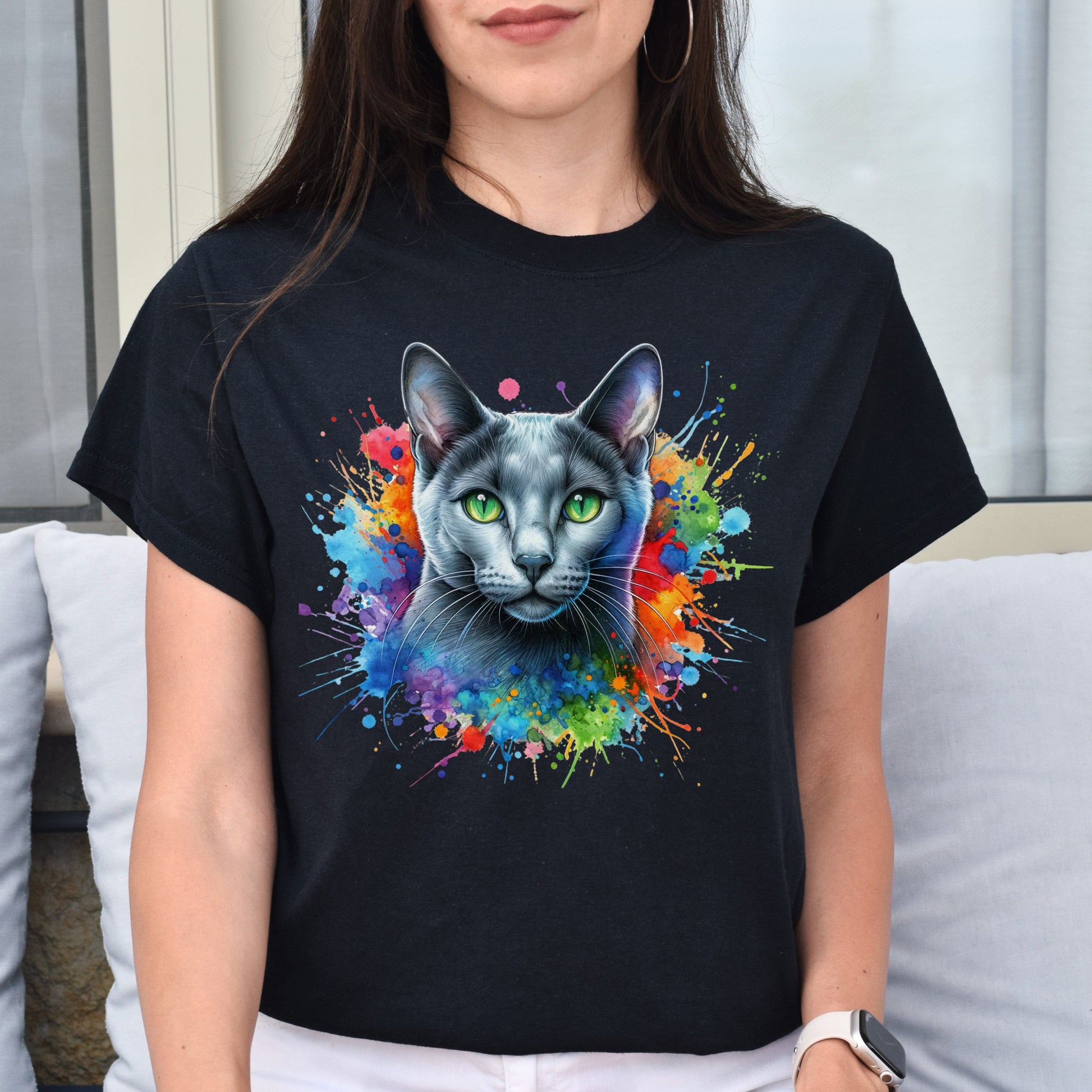 Russian Blue Cat Color Splash Unisex T-Shirt Black Navy Dark Heather-Family-Gift-Planet