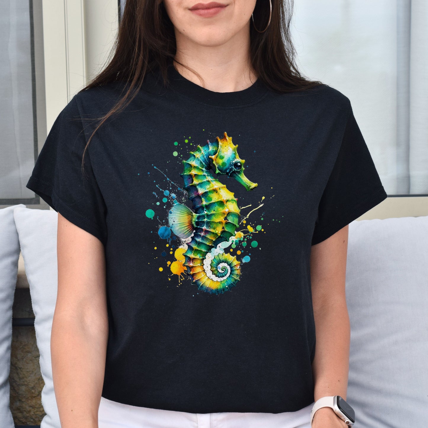 Artistic Seahorse Color Splash Unisex T-shirt Black Navy Dark Heather-Family-Gift-Planet