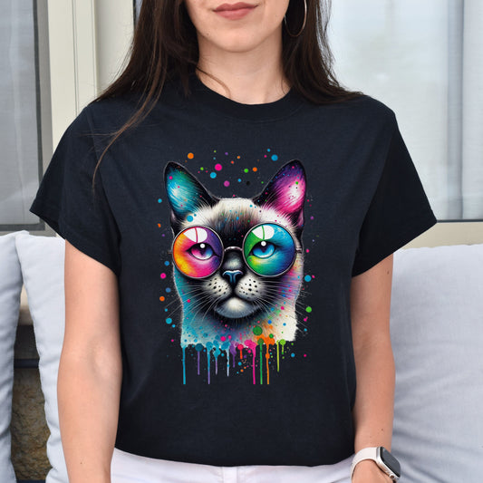 Siamese cat with eyeglasses Color Splash Unisex T-shirt Black Navy Dark Heather-Black-Family-Gift-Planet