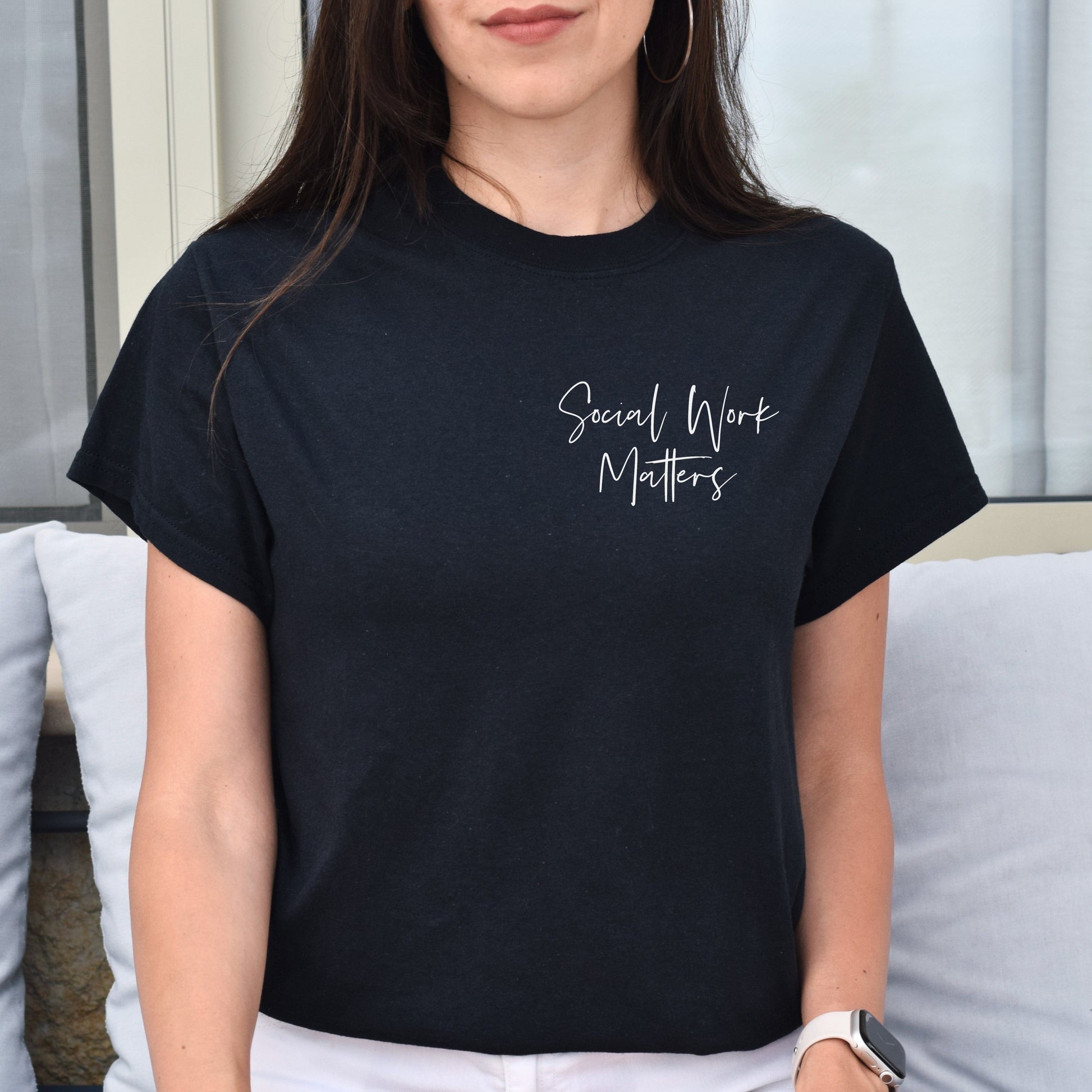 Social Work matters pocket Unisex T-shirt Social worker tee Black Navy Dark Heather-Black-Family-Gift-Planet