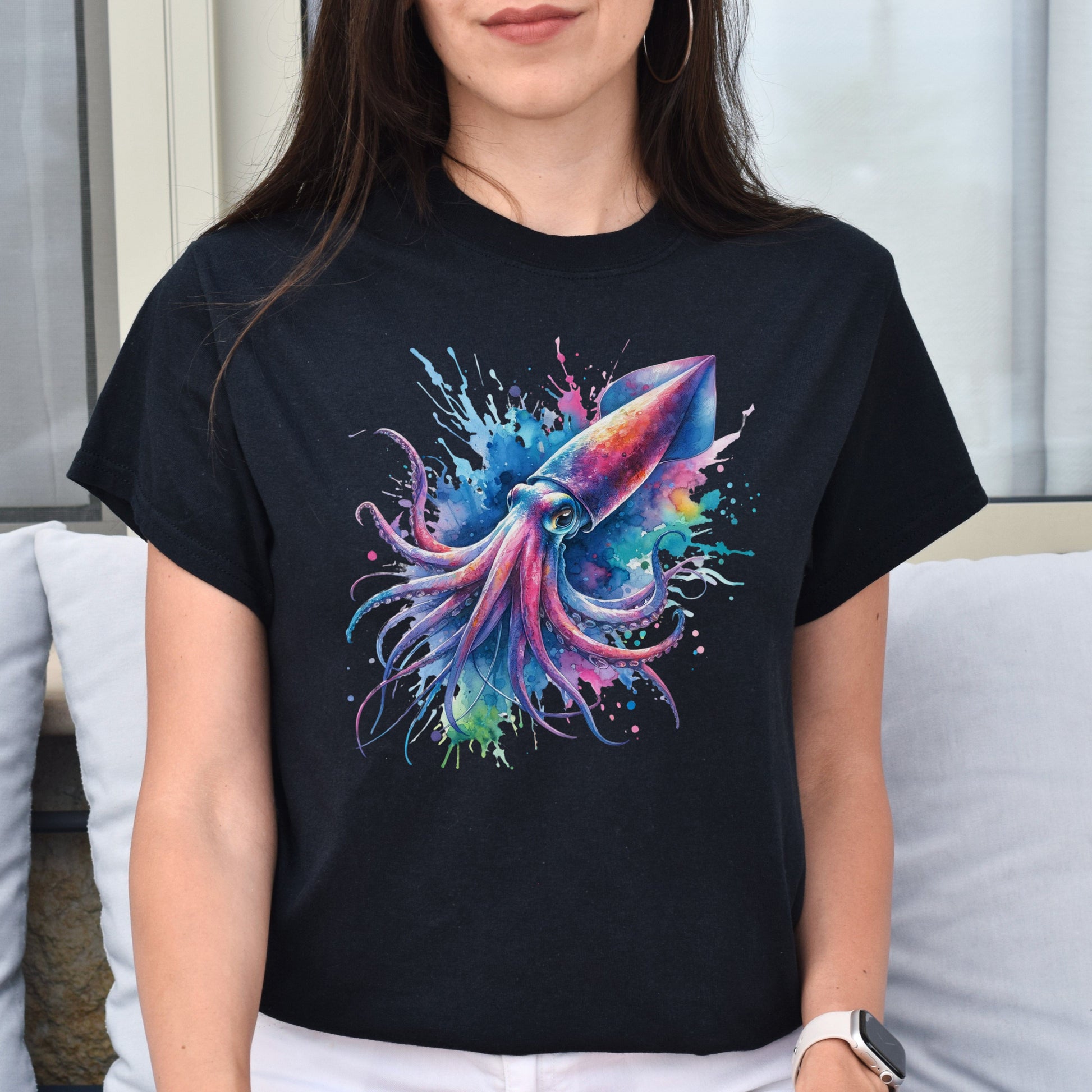 Artistic Squid Color Splash Unisex T-shirt Black Navy Dark Heather-Family-Gift-Planet